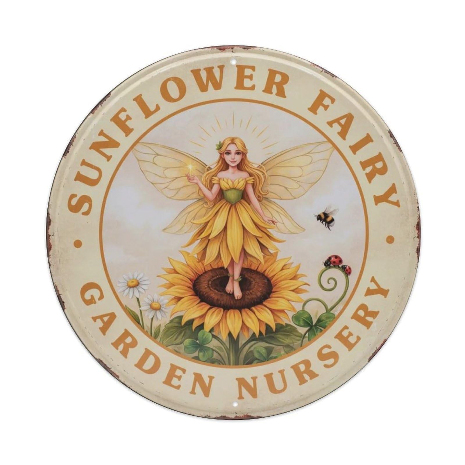 Sunflower Fairy Round Metal Tin Sign Plaque