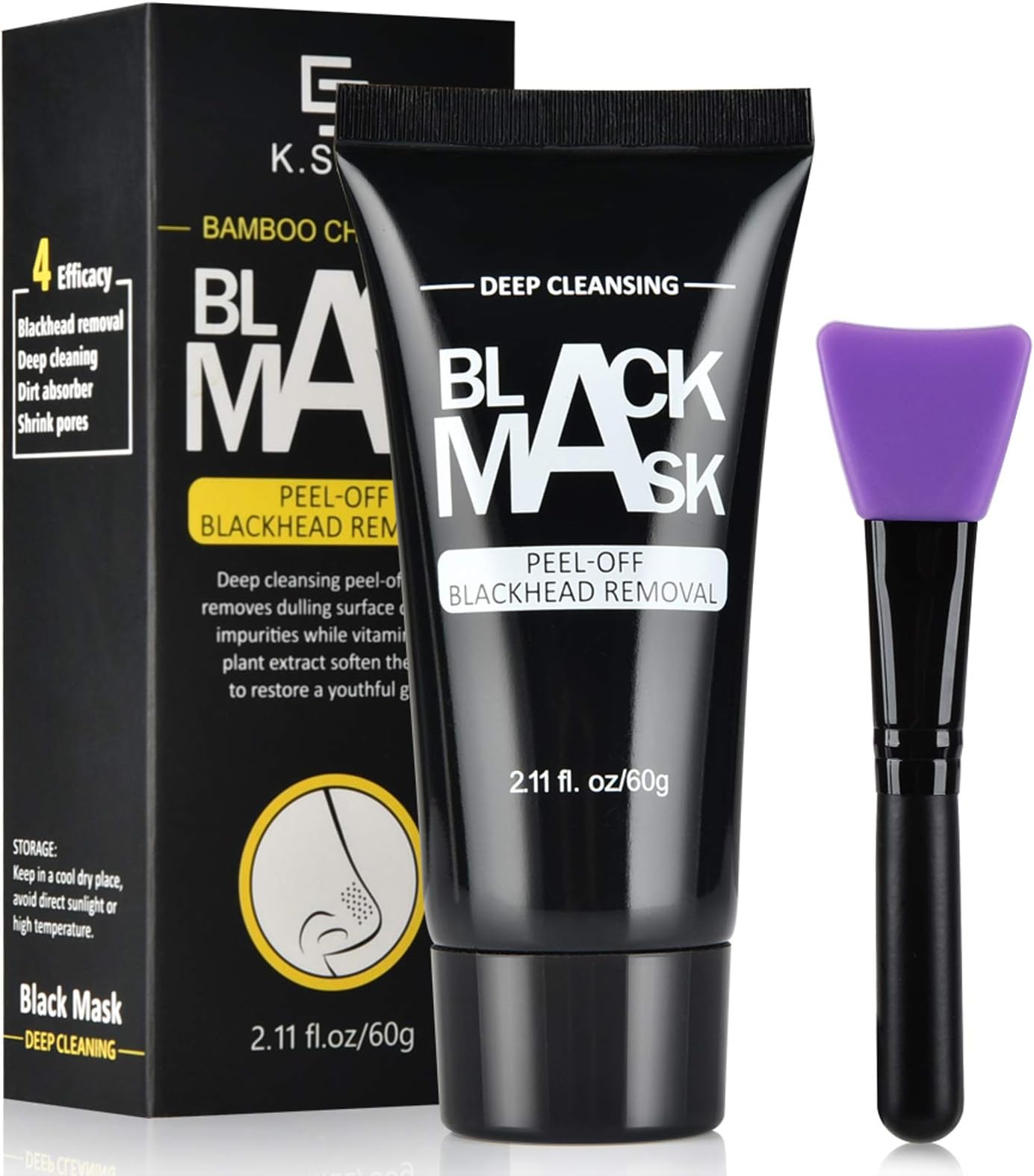 AFDEAL Blackhead Remover Face Mask, Charcoal Peel Off Mask, Bamboo Activated Black Charcoal Masks with Brush, Deep Cleansing Purifying Facial Mask for All Skin Types, for Both Men and Women (1.8 oz)