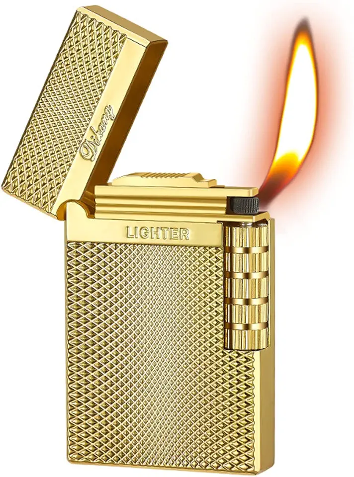 Isqueiro clássico de metal de charuto, isqueiro de butano de chama macia tradicional, chama ajustável, recarregável a gás butano (ouro)