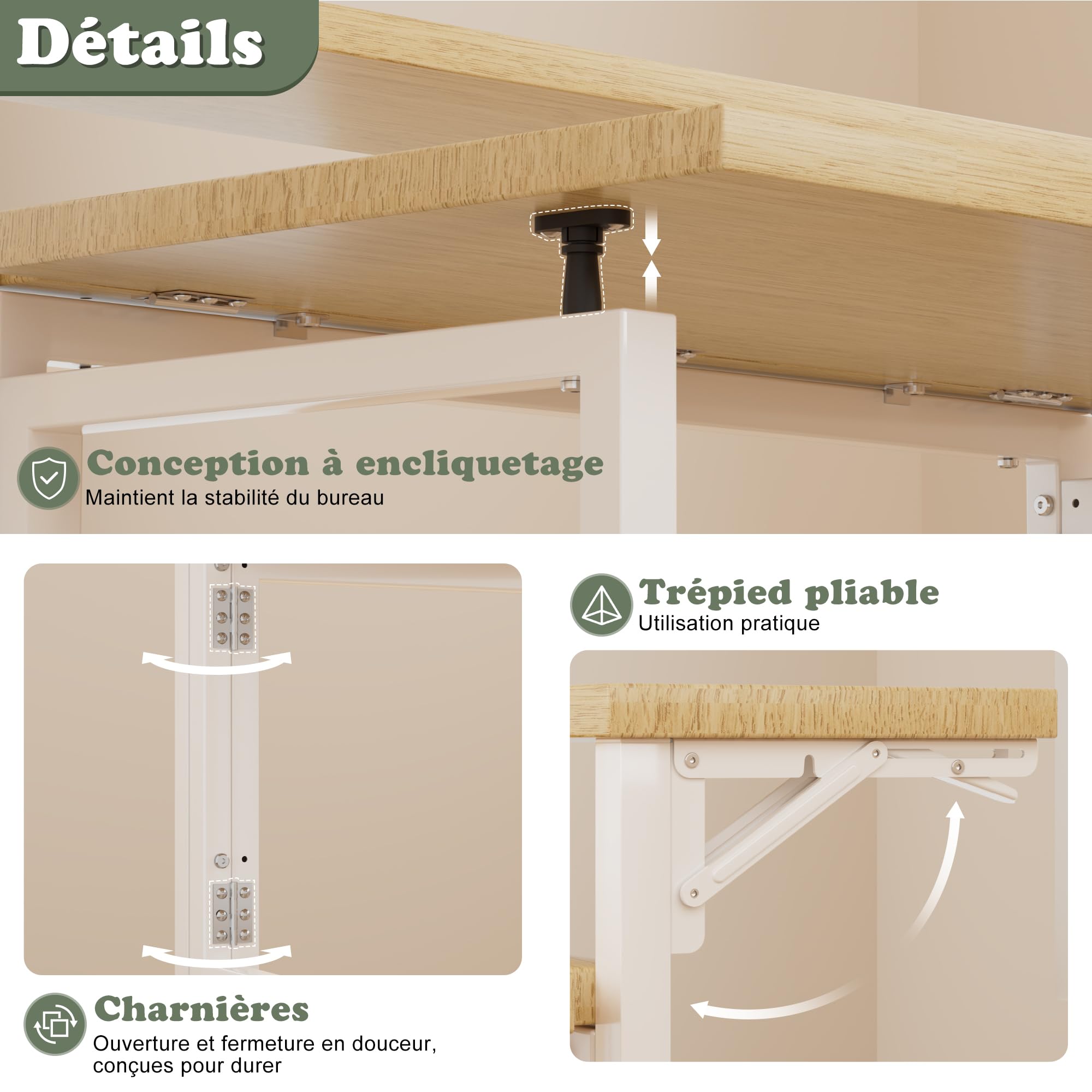 JUMMICO Bureau Pliable 80x62cm, avec Étagère Moniteur, Gain de Place, Beige | Idéal Petits Espaces, Structure Métal Stable, Montage Facile sans Outils, Parfait pour Étudiants & Télétravail