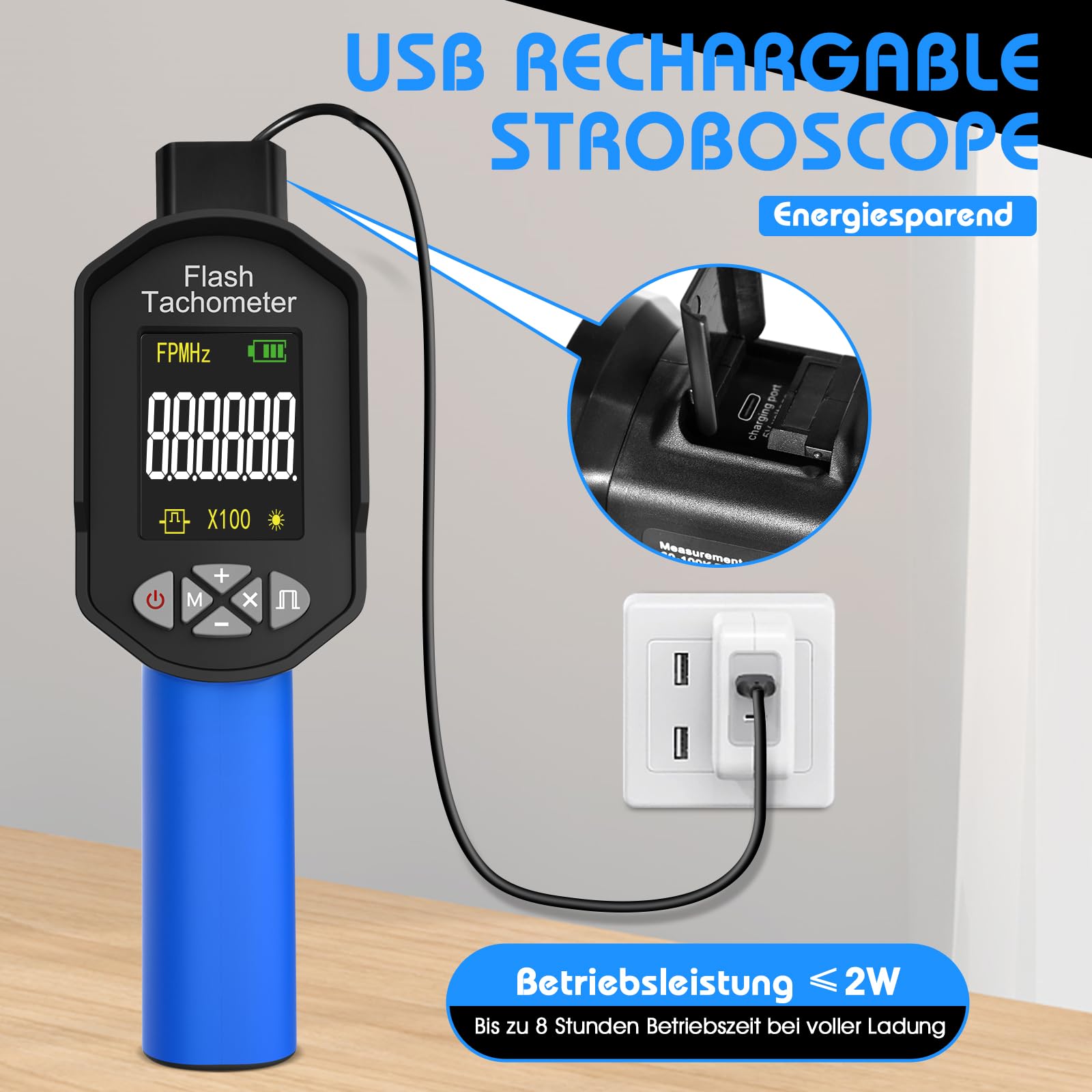 Strobotac LED Stroboscopio100.000 RPM/Hz, AIOMEST Stroboscope Digitale Tachimetro Alta Precisione 0,001% con Luce Stroboscopica Regolabile | Per Motori, Ventilatori Motore