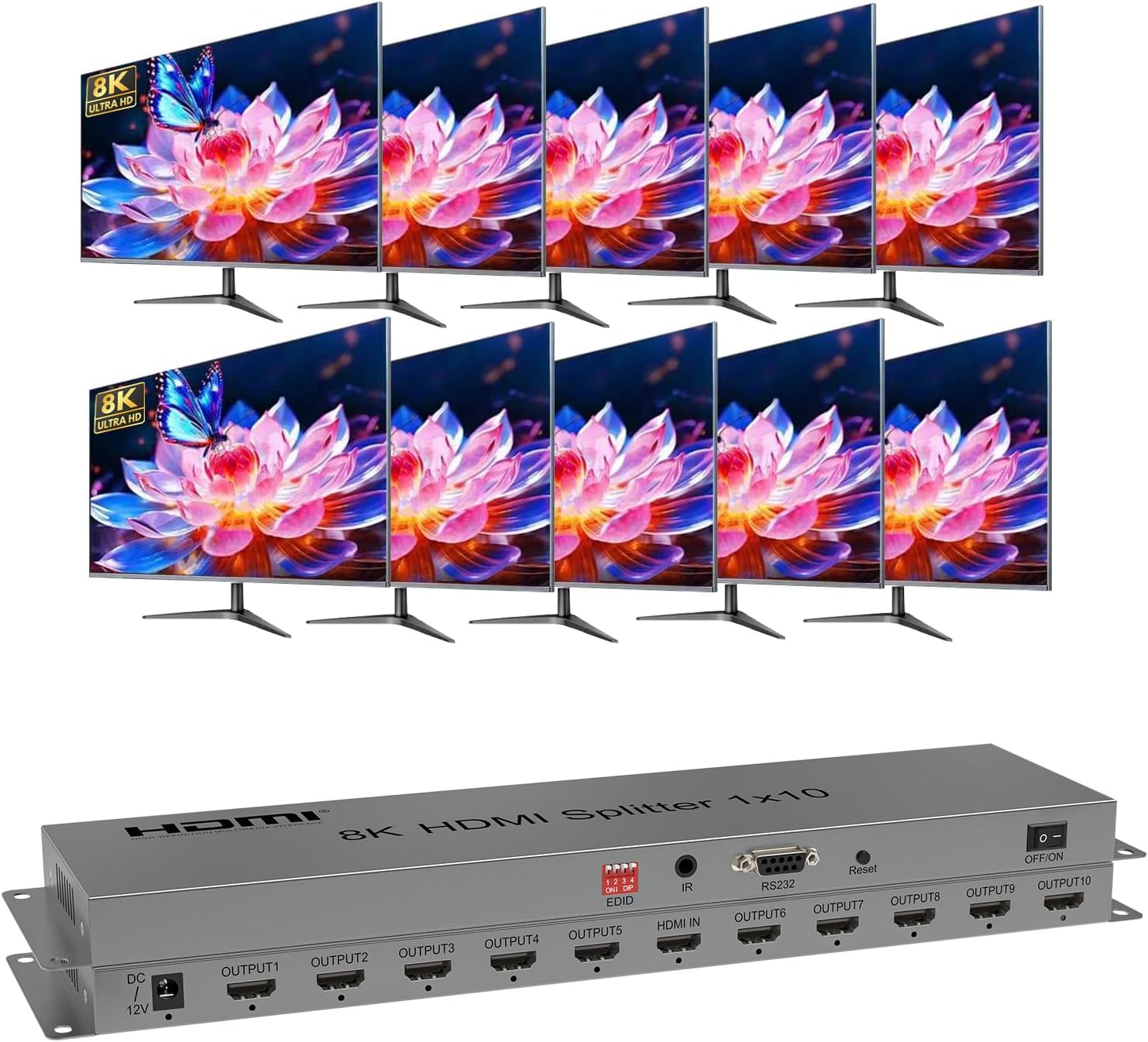 HDMI 2.1 Splitter 10 Sorties 8K60Hz 1 en 10 Out Multi HDMI Port Switch Support 4K120Hz 40Gbps Multiple Adapter for TV Monitor Support EDID HDR 3D CEC Output Downscaling