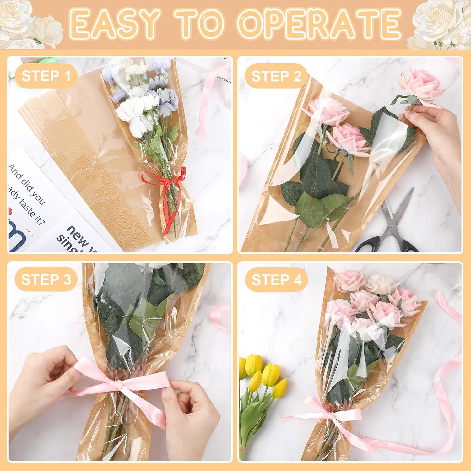 Majreey Kit de papier cadeau floral, 40 sacs d'emballage kraft, 3 rouleaux de ruban pour bouquet de fleurs, 2 rouleaux de ruban adhésif, 100 épingles à fleurs, 48 papillons 3D, 9 couronnes pour