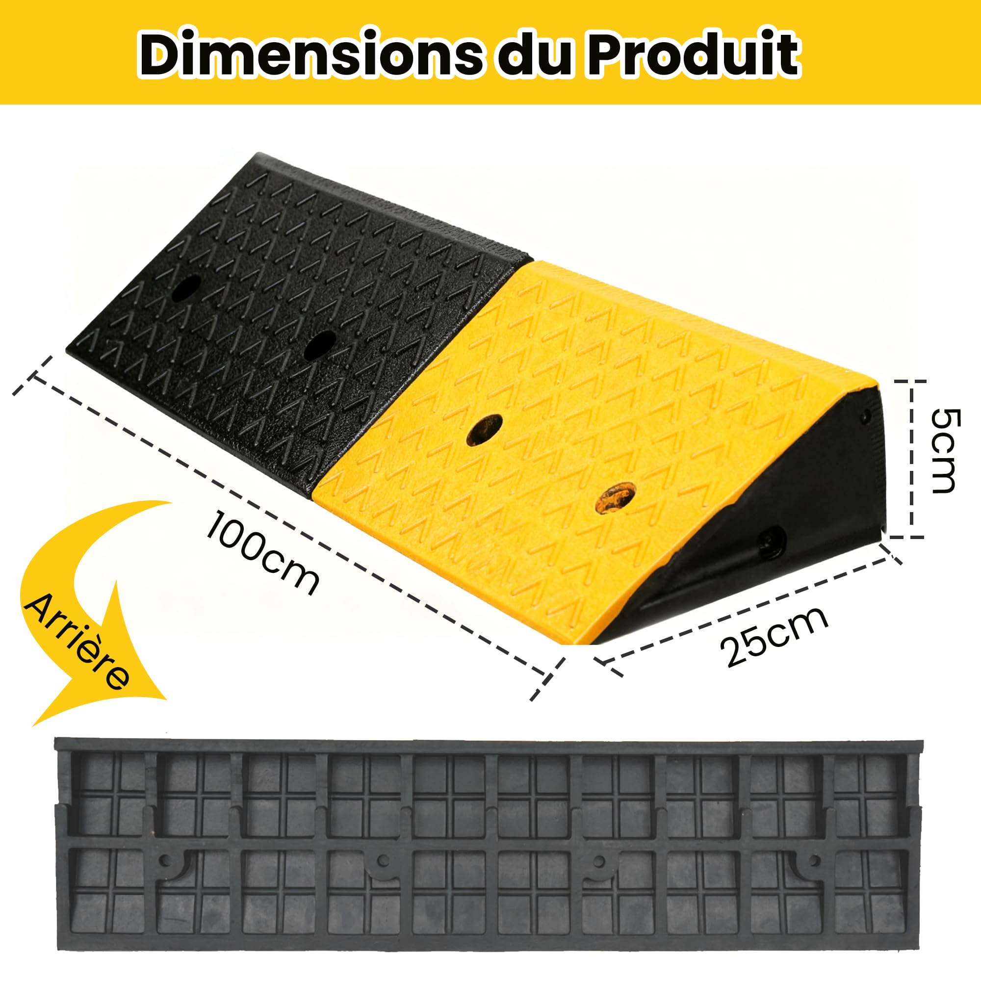 Lot de 2 Rampe Caoutchouc de Seuil 100x25x5cm Rampe Accès Fauteuil Roulant Antidérapante,Rampe de Trottoir en Caoutchouc Pression 40000 LBS,pour Bordure de Trottoir, Parkings,Moto,Voiture,Vélo
