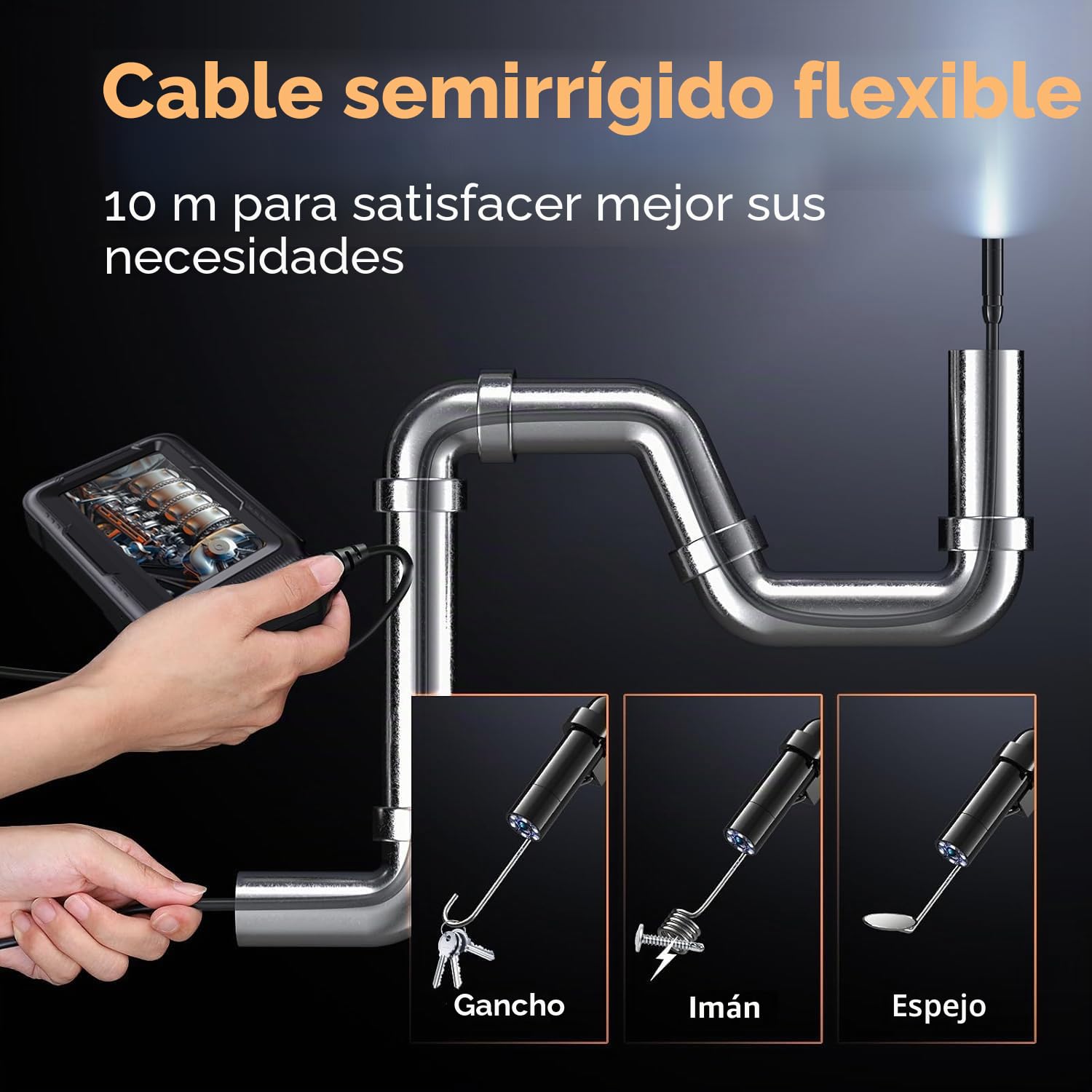 Endoscopio Camara de Inspeccion Doble Lente, Camara Endoscopica Inspeccion Tuberias 5" Pantalla IPS, Boroscopio con 8+1 Luces LED, Cable Semirrígido de 10M y 32 GB Tarjeta, IP67 Impermeable Para Coche