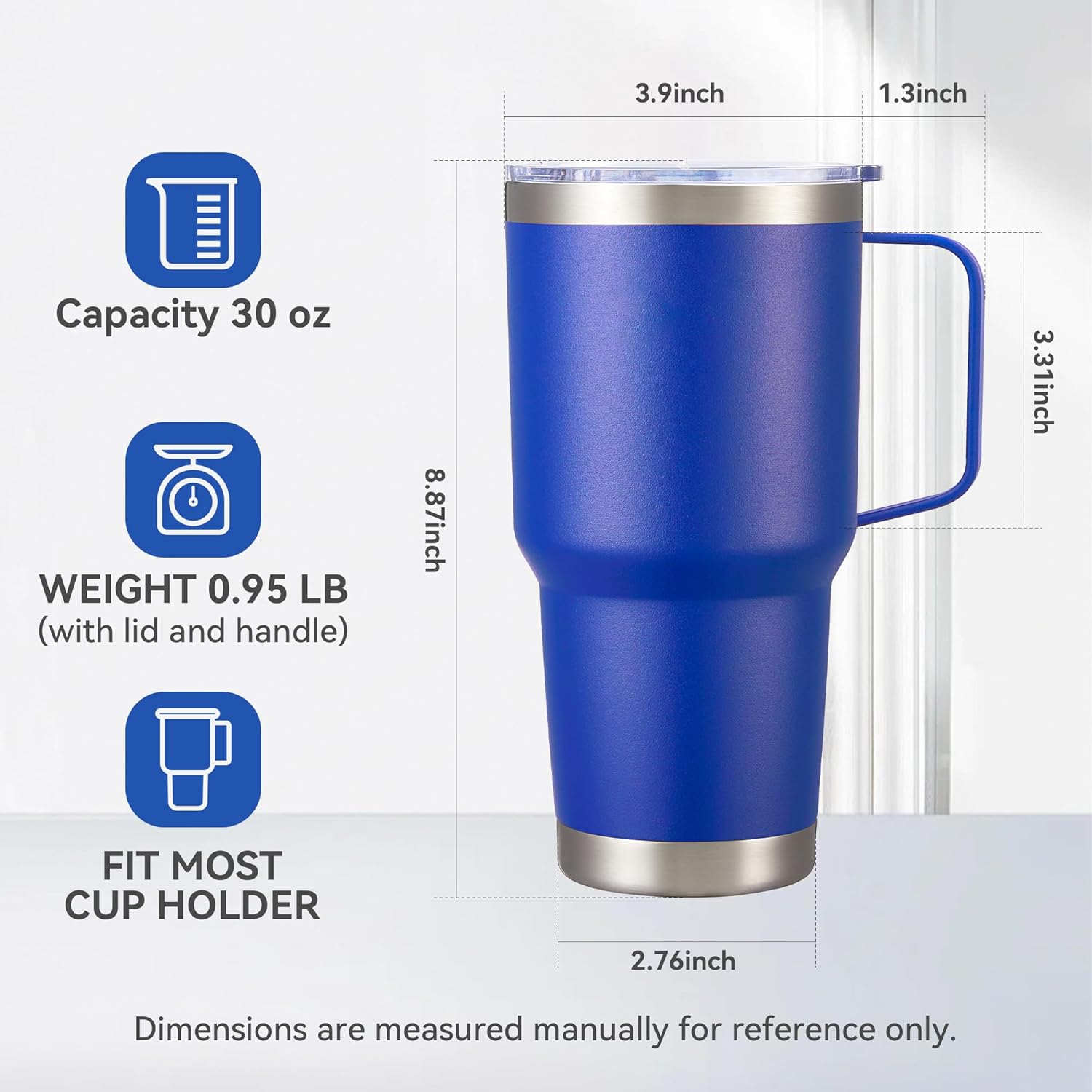 30 oz Tumbler with Handle and Lid, Stainless Steel Tumblers Double Wall Vacuum Insulated Travel Mug Leak Proof Cup Keep Drinks Cold and Hot Blue, 1 Pack - Image 4