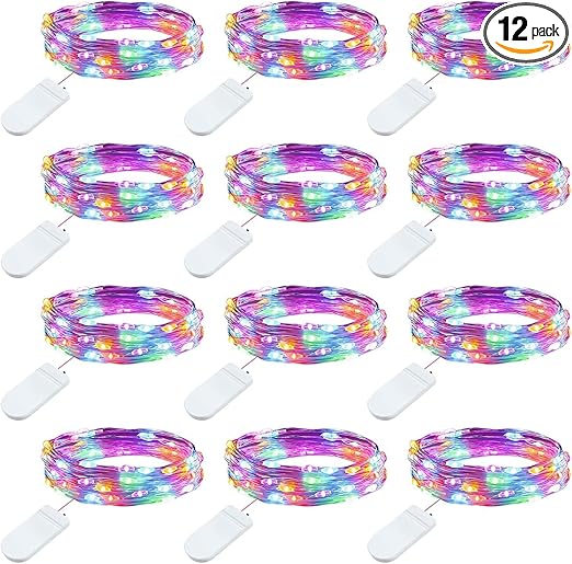 Brightown 12 Pack Multi-Color Fairy Lights Battery Operated - 7ft 20 LED Waterproof Micro Firefly Lights for Christmas Decor, DIY Craft, Wedding Table Centerpieces, Flowers