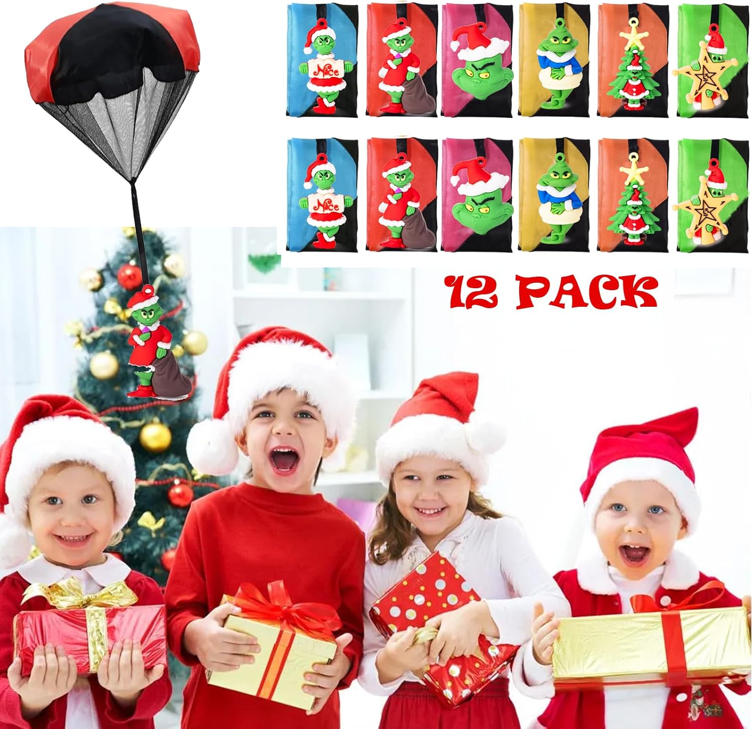 12PCS Christmas Parachute Toys,Christmas Toys for Kids Girls Boys,Christmas Stocking Stuffers 2025,Tangle Free Outdoor Flying Parachute, for Grandkids Party Favors Goody Bag Filler