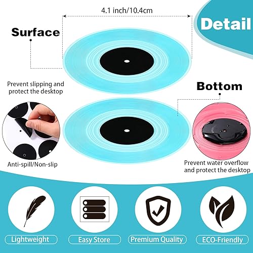 Miniatura 3 de Boao 6 posavasos de disco de vinilo retro divertidos para bebidas, 4 pulgadas, posavasos geniales con soporte de madera retro, posavasos para