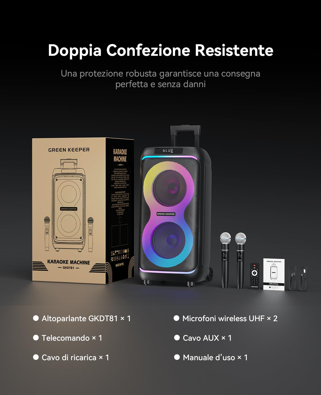 GKDT81 Cassa Karaoke Portatile – Sistema PA Da 800W Con 2 Microfoni Inclusi, Altoparlante Bluetooth Con Doppio Subwoofer Da 8" Per Bassi Potenti, Luci LED, Ruote E Maniglia Telescopica
