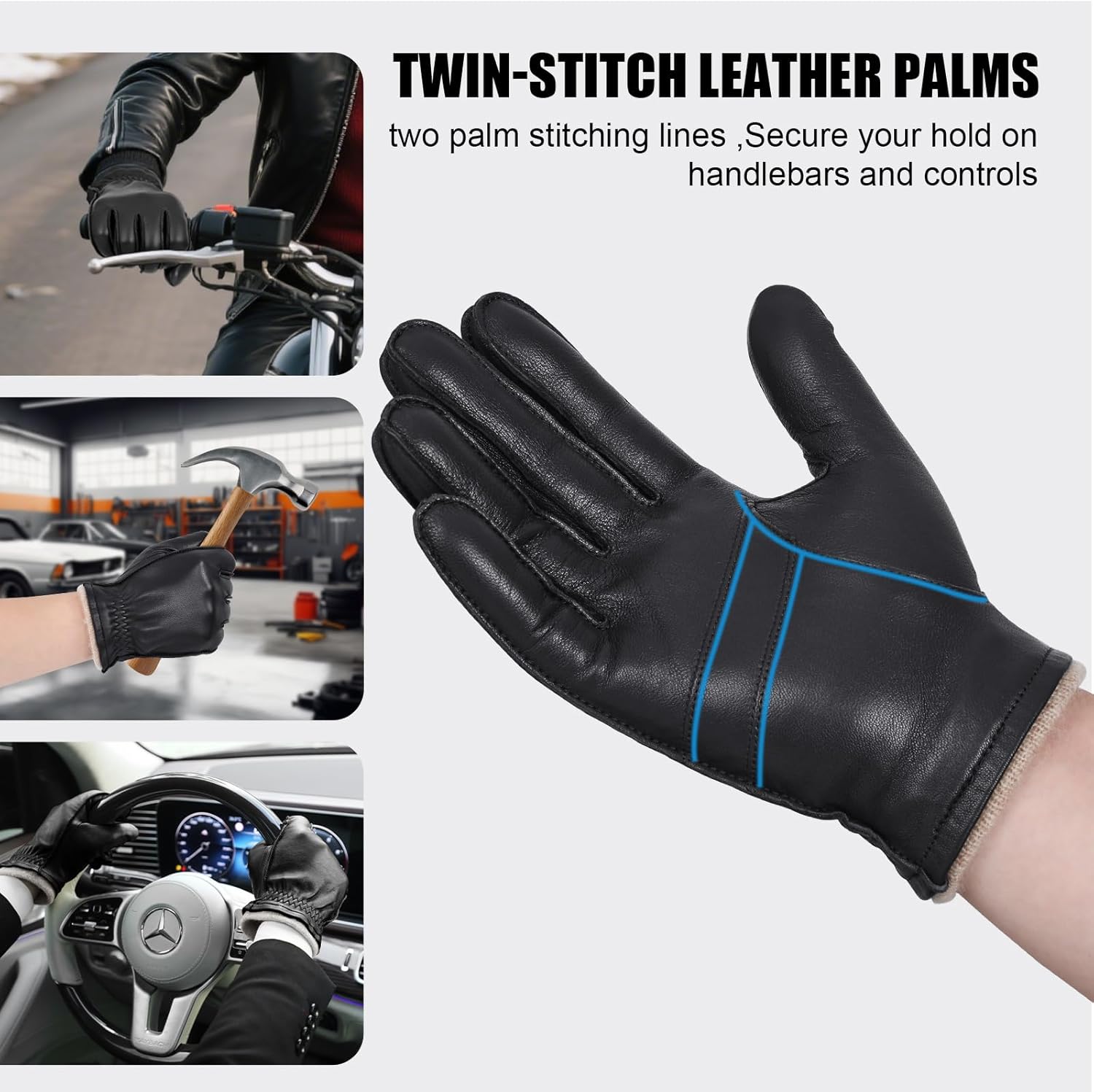 GSG leather gloves for men Sheepskin Classic Driving Gloves Winter Touchscreen Wool Lined Warm Gloves - Image 4