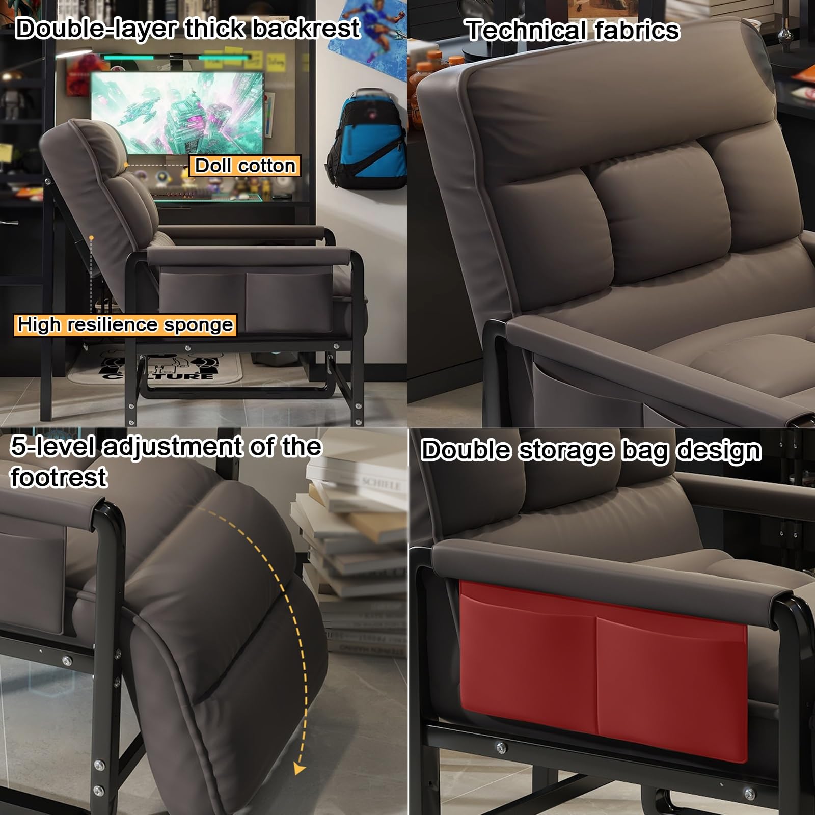 Poltrona Camera da Letto Moderna Tessuto Tecnico Ergonomia Sedia da Ufficio Regolabile In 5 Posizioni Schienale a Doppio Strato Spesso e Poggiapiedi Sedia da Computer per Camera, Ufficio(Gray)