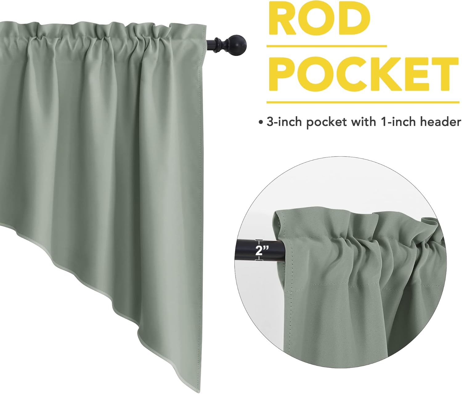 NICETOWN Swag Curtains for Kitchen, Home Fashion Rod Pocket Blackout Short Window Tiers Energy Efficient Drapes for Basement, 36 x 45 inches Long per Panel, 1 Pair, Greyish Green