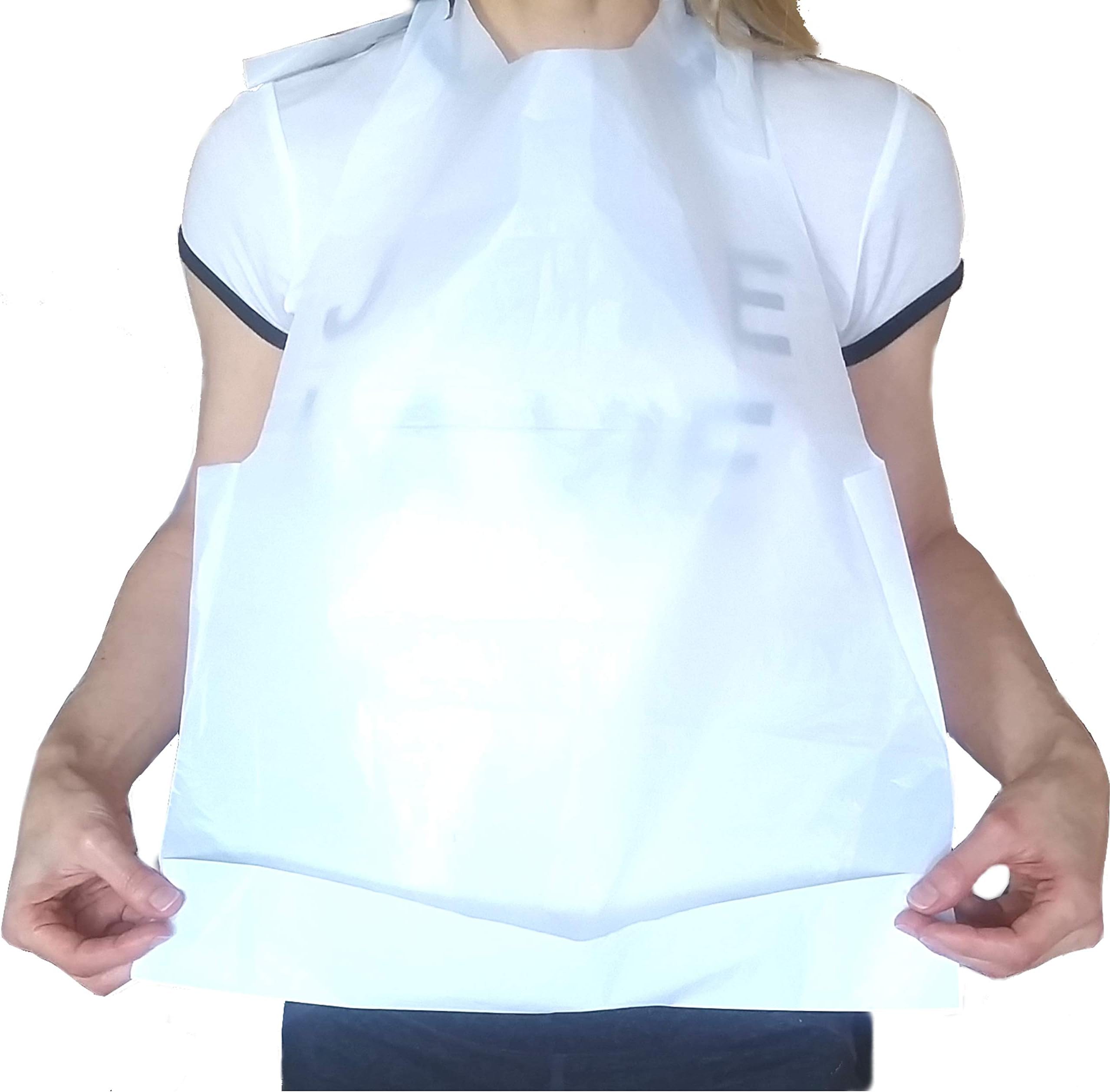 100 Pack Disposable Plastic Bib White Crumb Catcher Protect Clothes, for Crab Feasts Seafood Restaurants Crawfish Parties Special Event for Adult Kid Family Liquid Resistant Stain Protector Waterproof