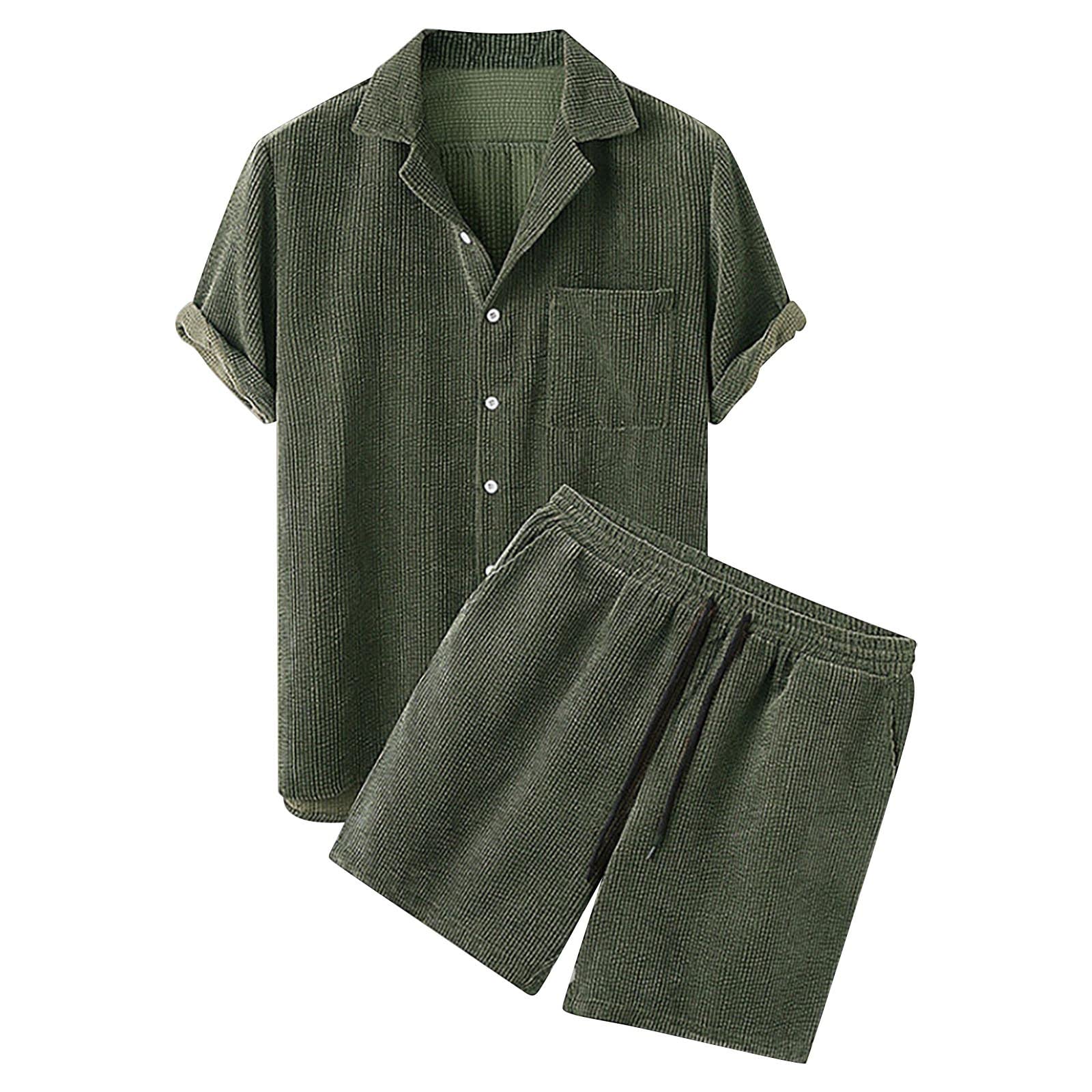 Celucke Zweiteiler Herren Leinenanzug Sommer Freizeitanzug Einfarbig 2-teilig Kurzarm Button-Up Revers Hemd und Shorts Beach Shirt Kurze Hose Set Baumwolle Leinen Anzug