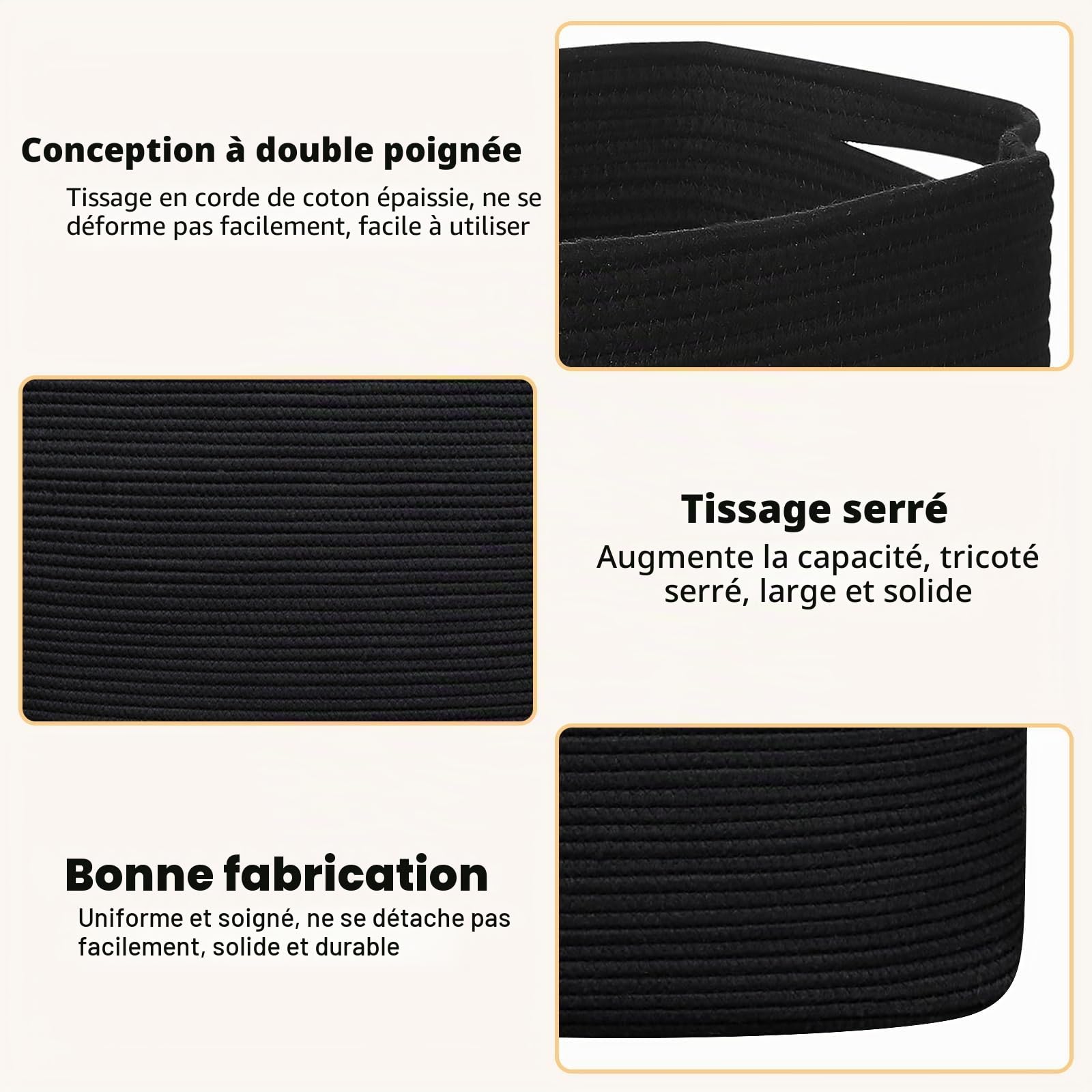 Grand panier de rangement tressé - Panier de rangement tressé pour chambre d'enfant - 55 x 38 x 30 cm - Noir