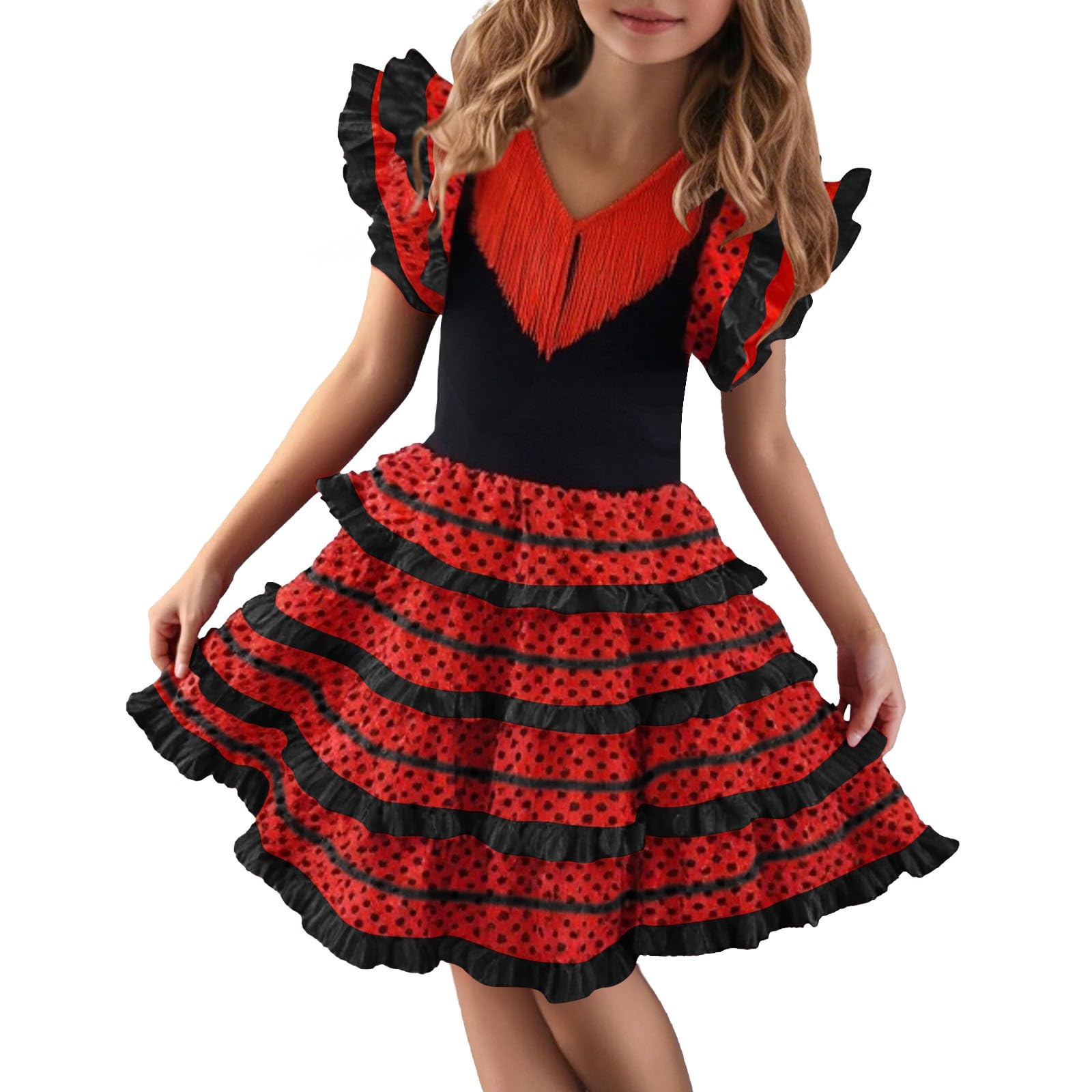 Déguisement de Séville pour Fille Robe Flamande Enfant Volants Pois Costume Andalou Danse Espagnole Costume Traditionnel Flamenco Sévillane, Rouge à Pois pour Fête, Carnaval, Kermès 2-14 Ans