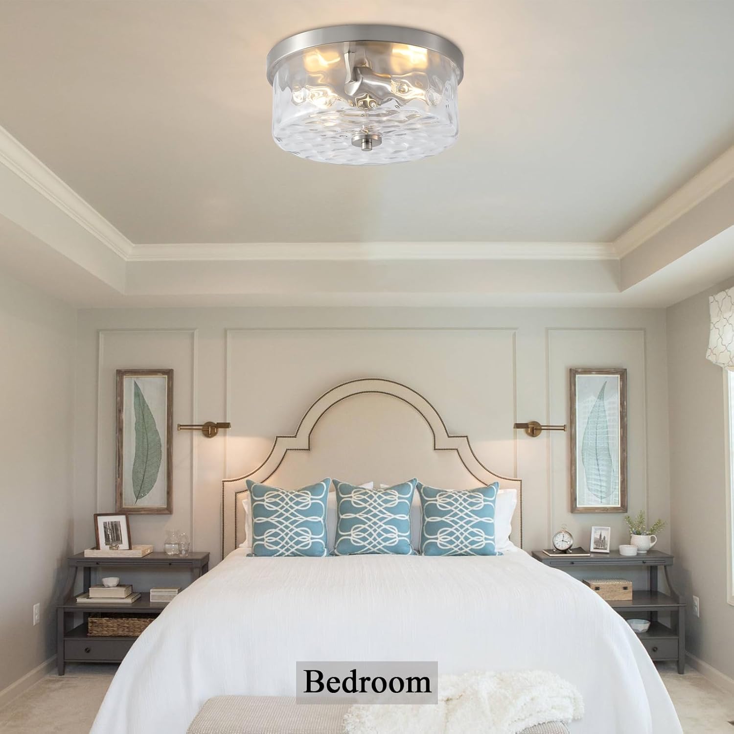 Hammered Glass Brushed Nickel Flush Mount Ceiling Light,2-Lights Modern Farmhouse Ceiling Lighting Fixture for Kitchen Hallway Bedroom,Indoor Antique Foyer Light