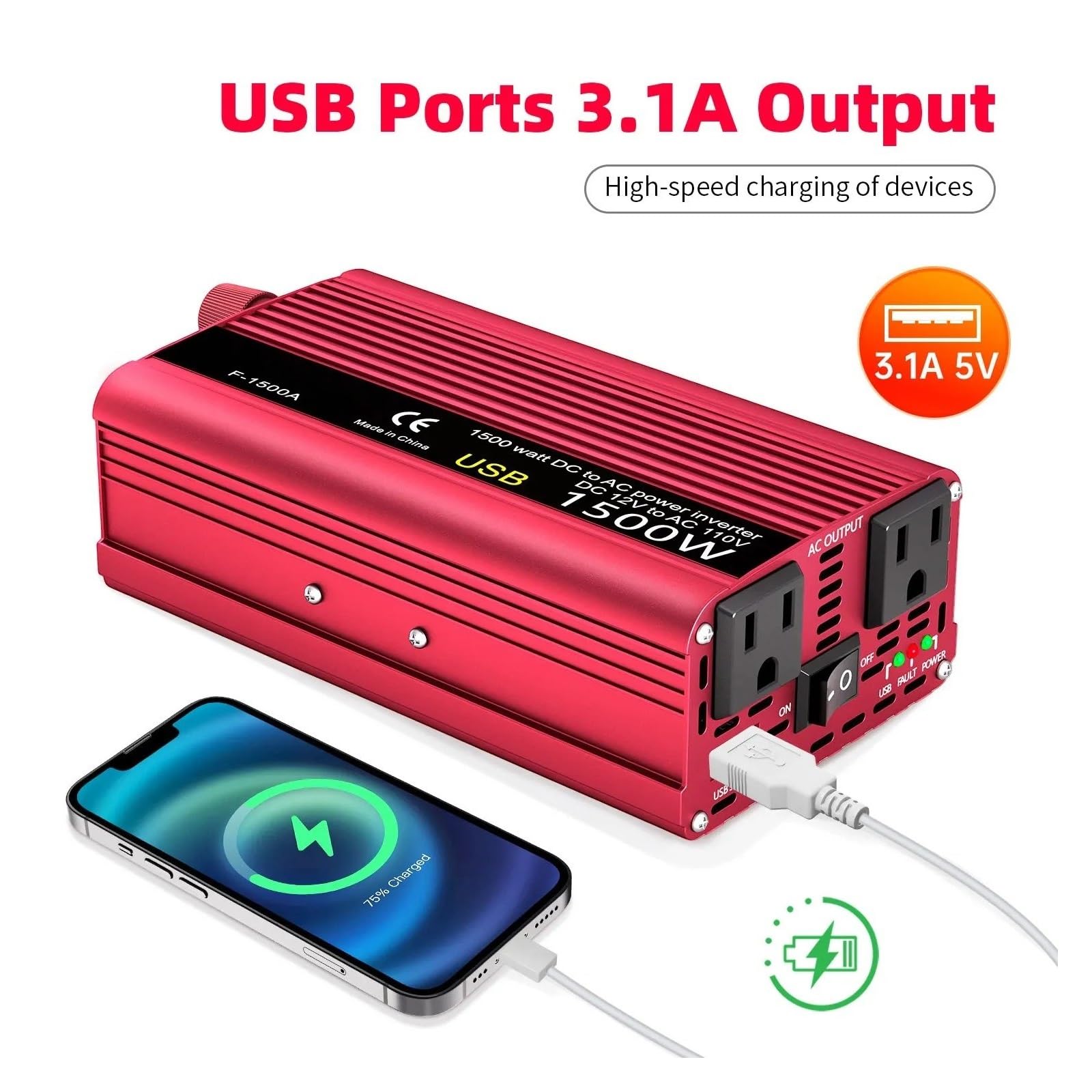 Convertidor Inversor Transformador Inversor De Energía Solar 1500 W Convertidor Adaptador Carga USB Dual CC 12 V/24 V A CA 110 V/220 V/230 V Enchufe Universal para EE UU UE(12V,EU Socket 220V)