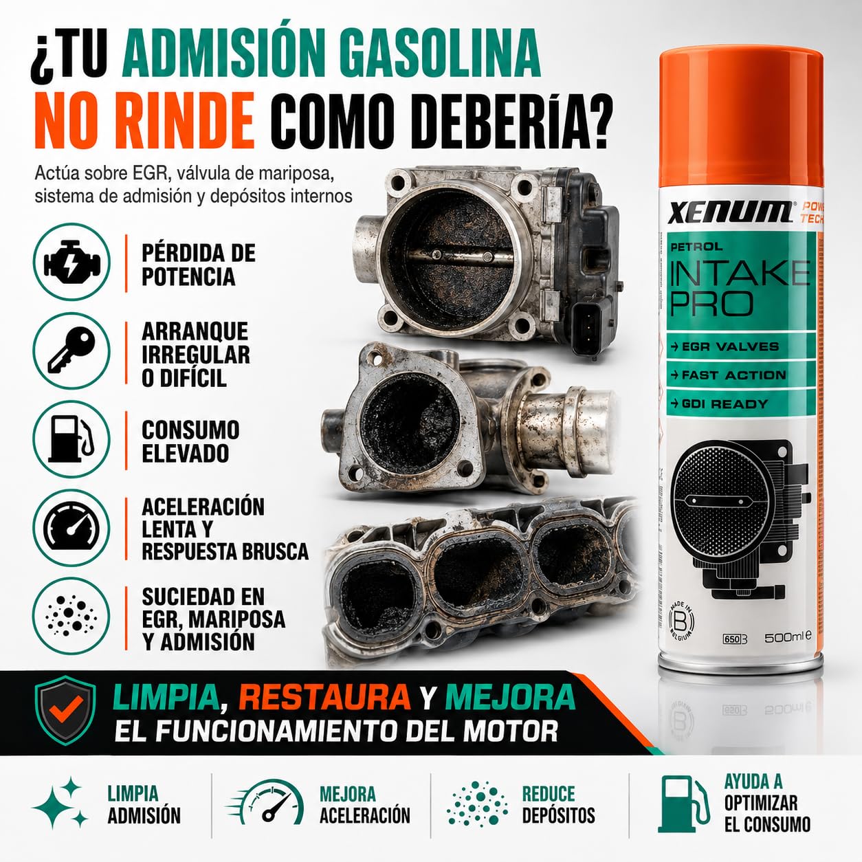 Xenum Intake Pro Petrol 500 ml – Limpiador Sistema de Admisión Gasolina, Limpia EGR, Válvula de Mariposa y Conductos, Acción Rápida, Sin Desmontaje Completo