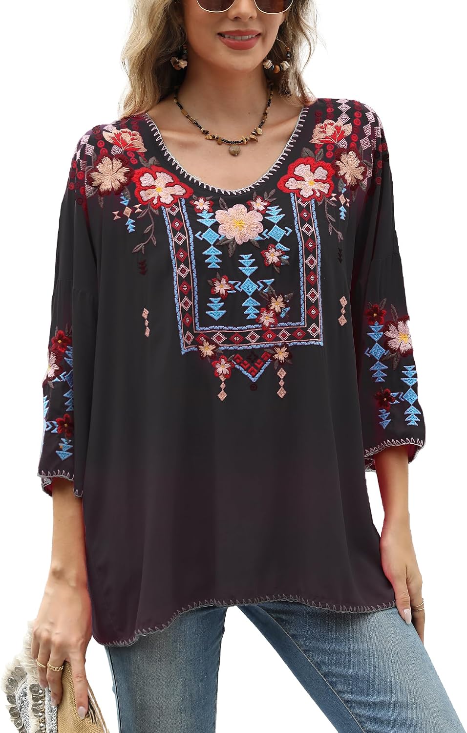 Grosy Boho Embroidered Mexican Tops for Women Bohemian Clothes, Plus Size Peasant Blouse Hippie Shirt 3/4 Sleeve Tunic image 2