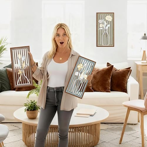 Miniatura 5 de BINCUE 3 piezas de decoración de pared de mercado de flores bohemias, botánica, moderna, arte de pared de madera, bohemio, floral, decoración