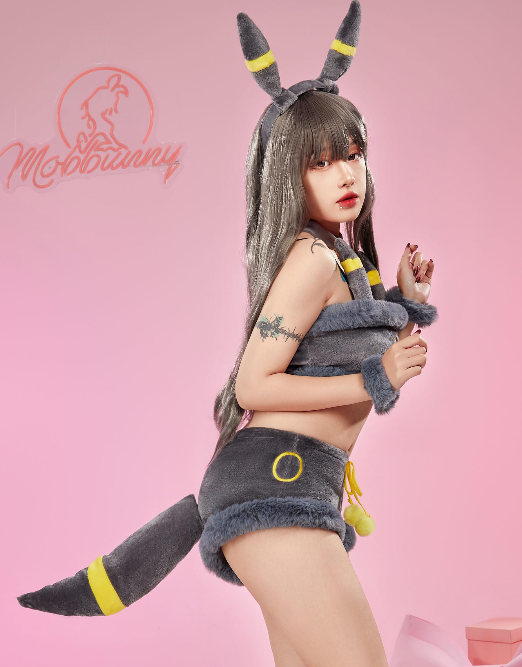 Mobbunny Anime Cosplay Pajamas Set for Women Fluffy Crop Top and Panty 2 Piece Flannel Lounge Set Cartoon Sleepwear: Small Black