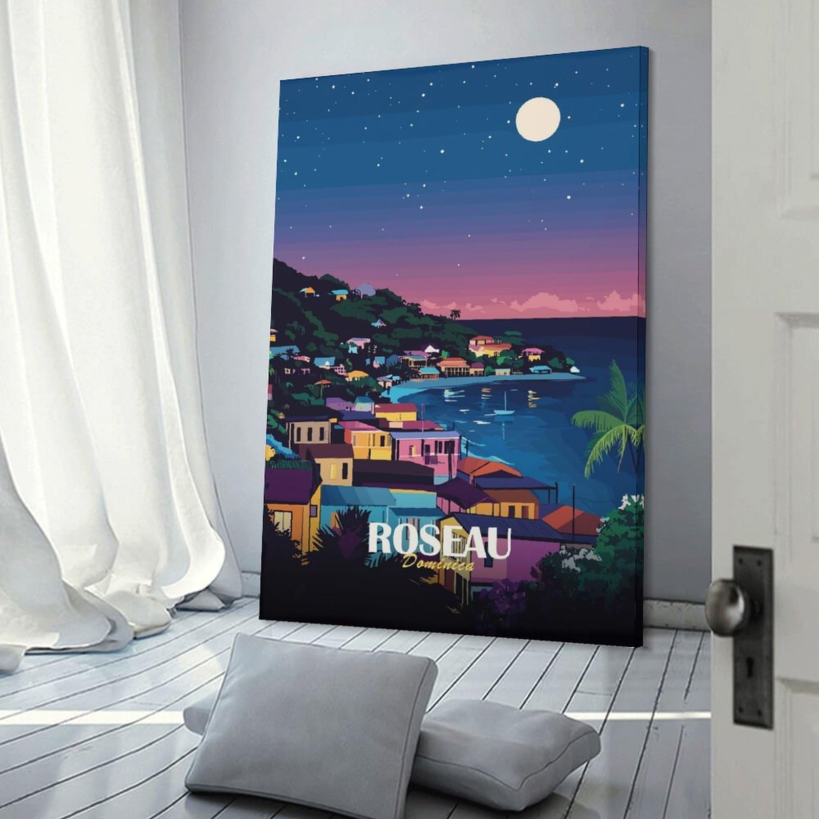 Junmoney Hanging Wall Art Roseau Dominica Nightscape Art Print, 08x12inch(20x30cm), for Wall Displays, Bedrooms Or Room Updates, Wall Decor Suited to Curated Displays