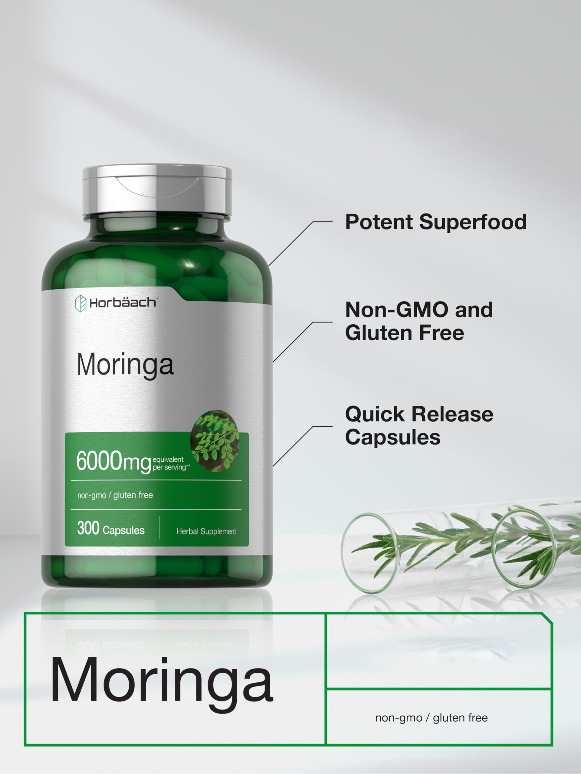 Horbäach Moringa Oleifera | 300 Powder Capsules | Complete Green Superfood — Amazon image 4