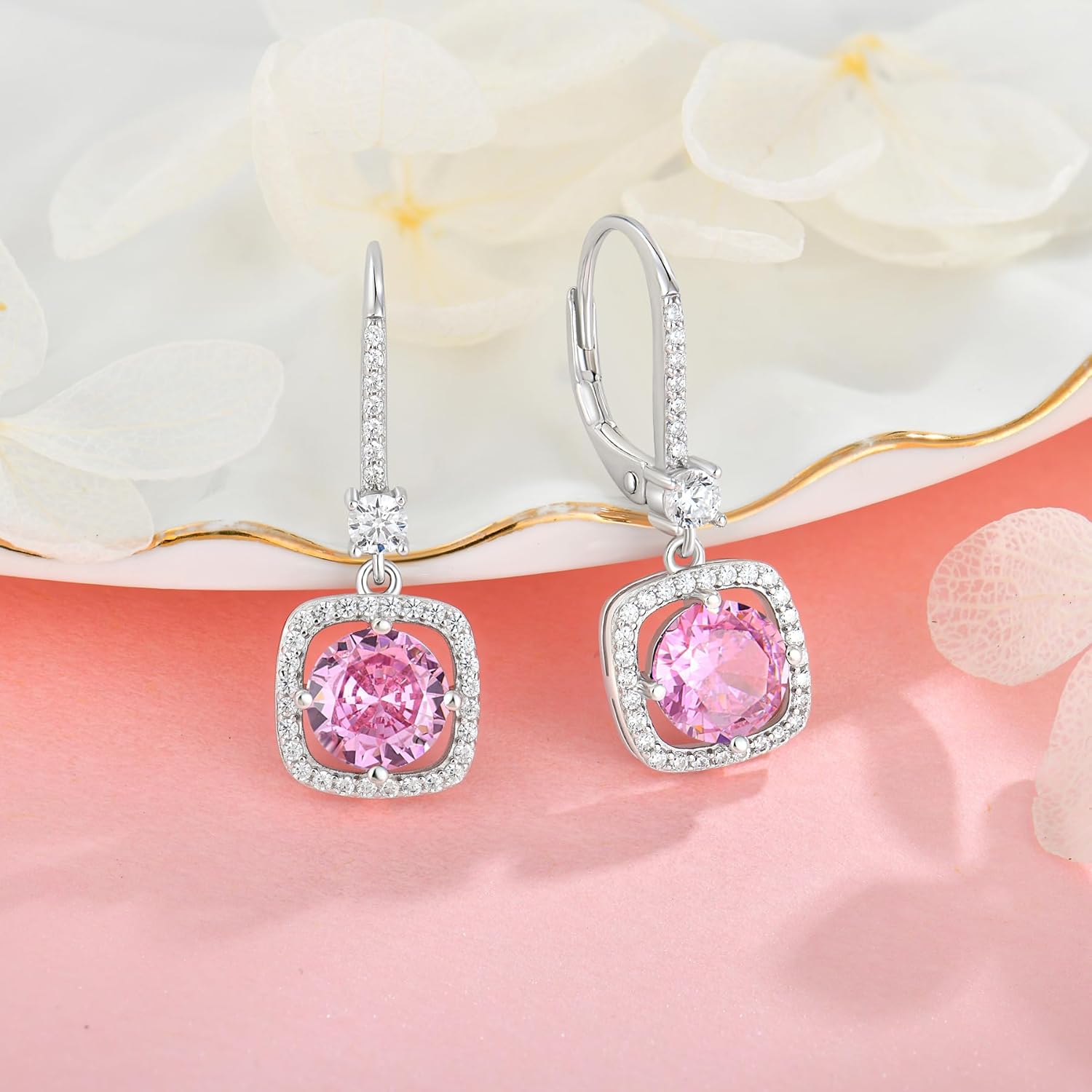 Square Shaped Dangle Drop Earrings for Women, 925 Sterling Silver 5A Cubic Zirconia Leveback Ruond Birthstone Earrings for Hypoallergenic Jewelry Gifts for Her - Image 3