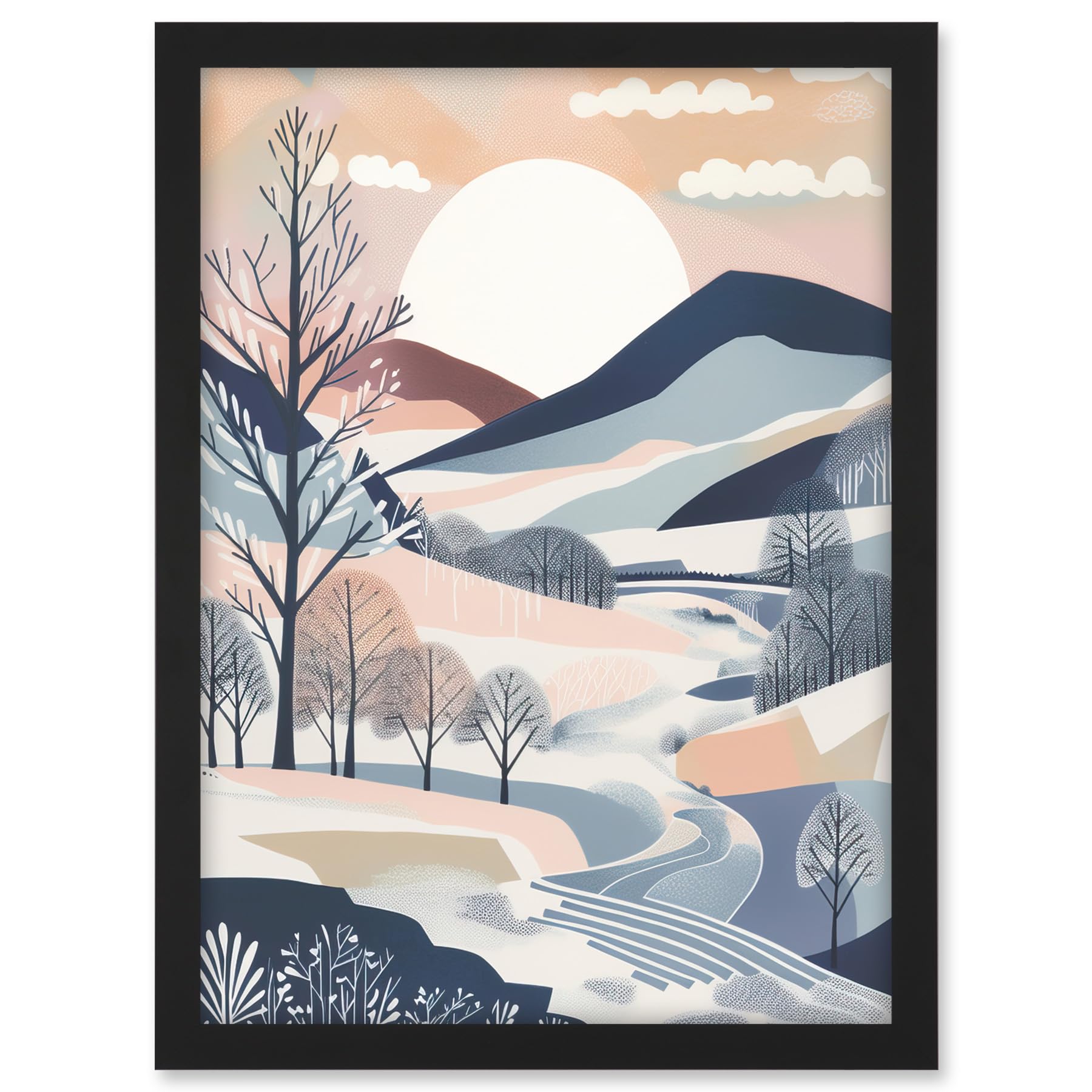 Artery8 Countryside Path in Boho Hill Winter Landscape Artwork Framed A3 Wall Art Print