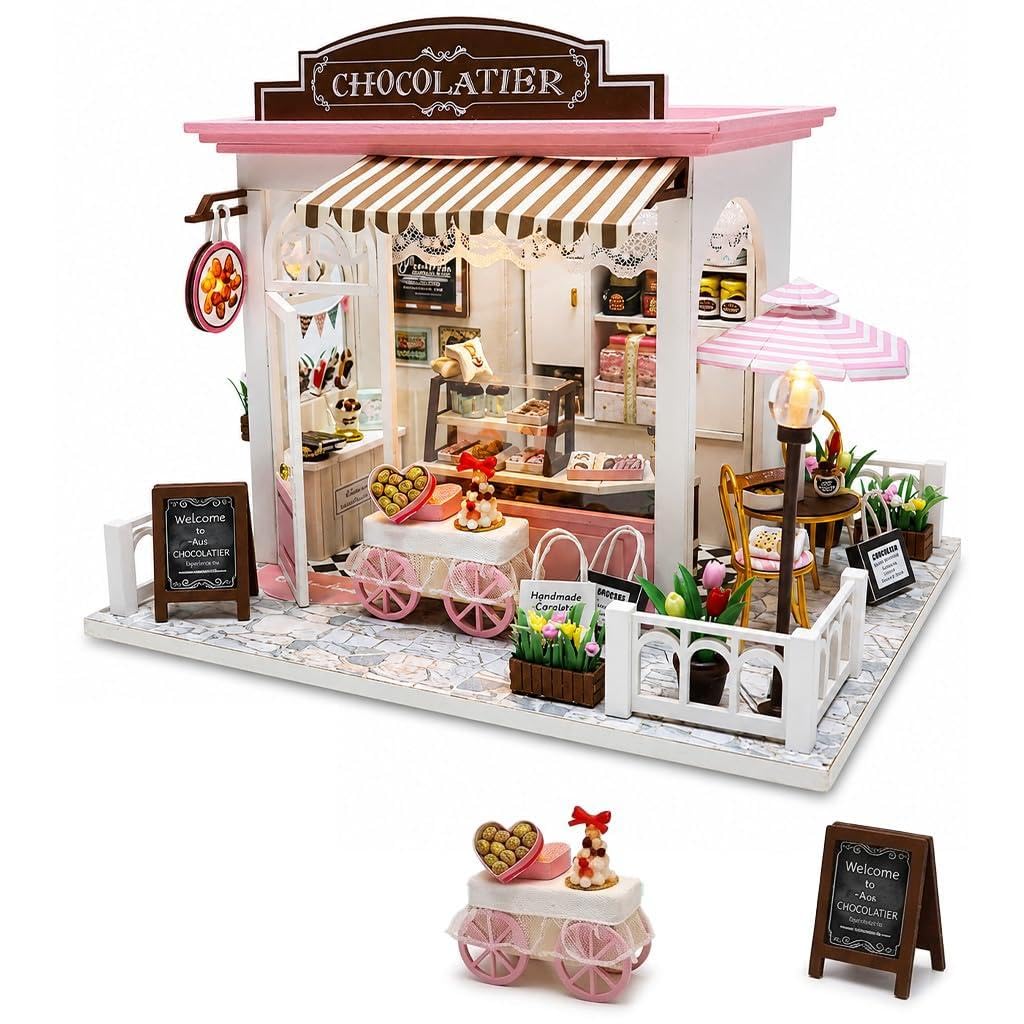 patpat® diy miniature house kit coffee wooden doll house model set with led | dollhouse 3d puzzle diy kit for adult kids mini house making kit diy mini house for christmas, birthday, or anniversary
