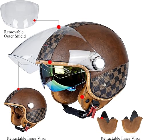 Miniatura 3 de Casco de motocicleta de doble visera 34 de cara abierta para hombres y mujeres, aprobado por DOT, unisex, casco retro para ciclomotor, crucero,