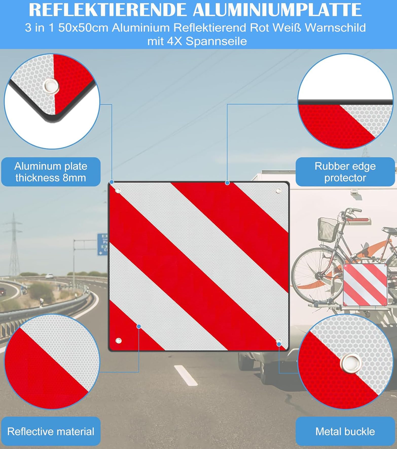 Warntafel für Italien Spanien und Portugal Fahrradträger,3 In 1 Alu Reflektierend Warnschild(50 x 50 cm) mit 4X Spannseile,Zertifizierte für Fahrradträger Heckträger & Auto Wohnmobil