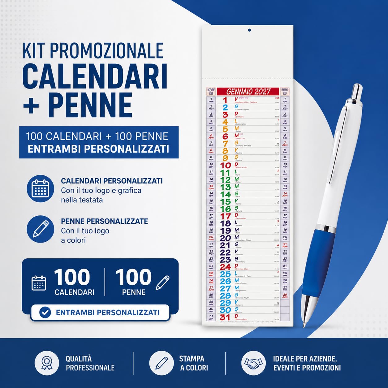 100 Calendari Personalizzati 2027 + 100 Penne Personalizzate Gadget Pubblicitari di Fine Anno come Omaggio per i Clienti Regali Aziendali promozionali Kit Smart
