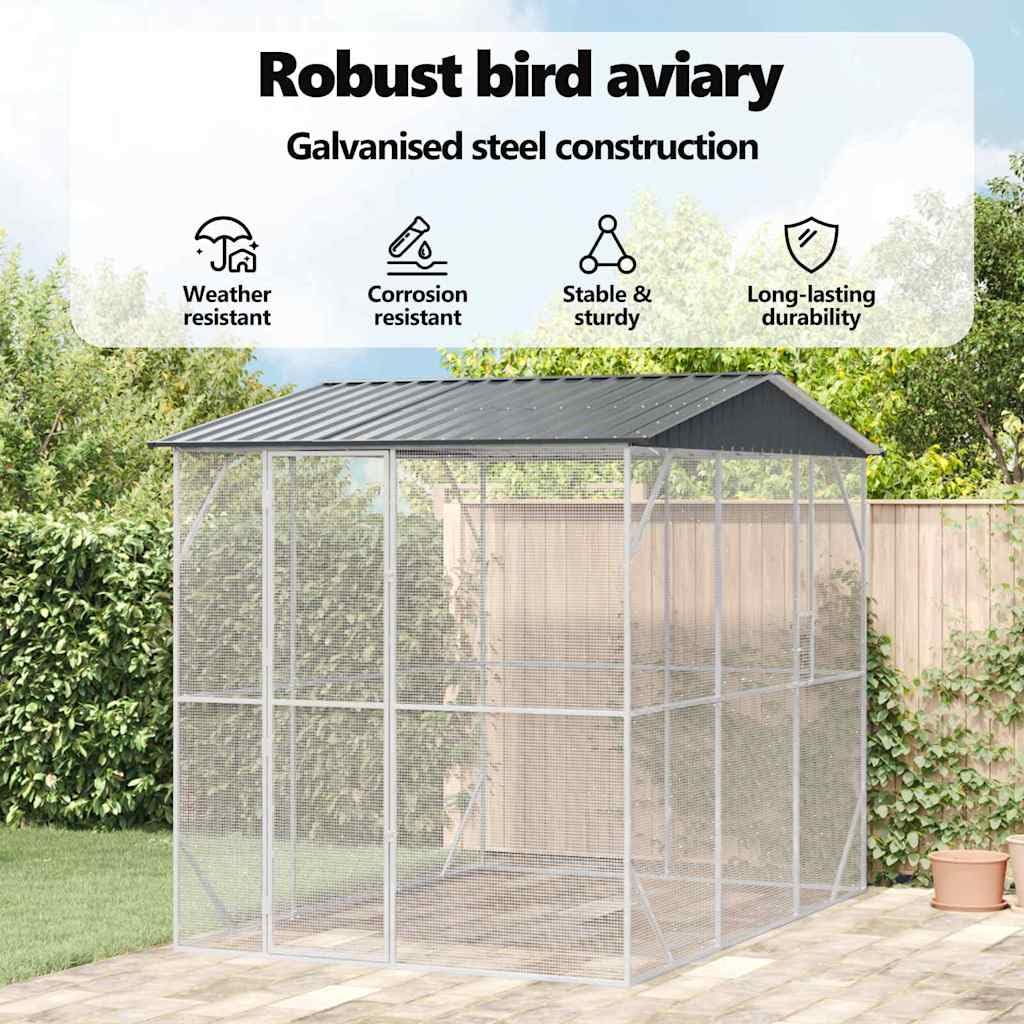 vidaXL Vogelkäfig Anthrazit 227 x 310 x 247 cm Verzinkter Stahl, Garten und Terrasse, modernes Vogelschutzhaus, rechteckiger Käfig, geräumiger Lebensraum
