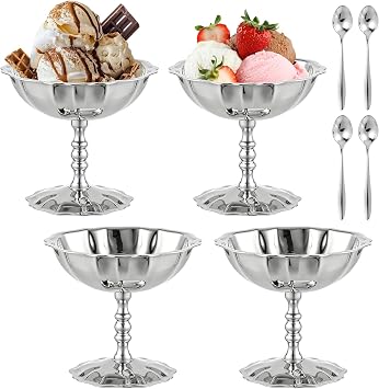 4 Pcs Stainless Steel Ice Cream Cups, 4.4 oz Silver Sundae Cup with Spoons, Vintage Reusable Footed Serving Pudding Dessert Bowls for Snacks, Pudding, Yogurt & Fruit