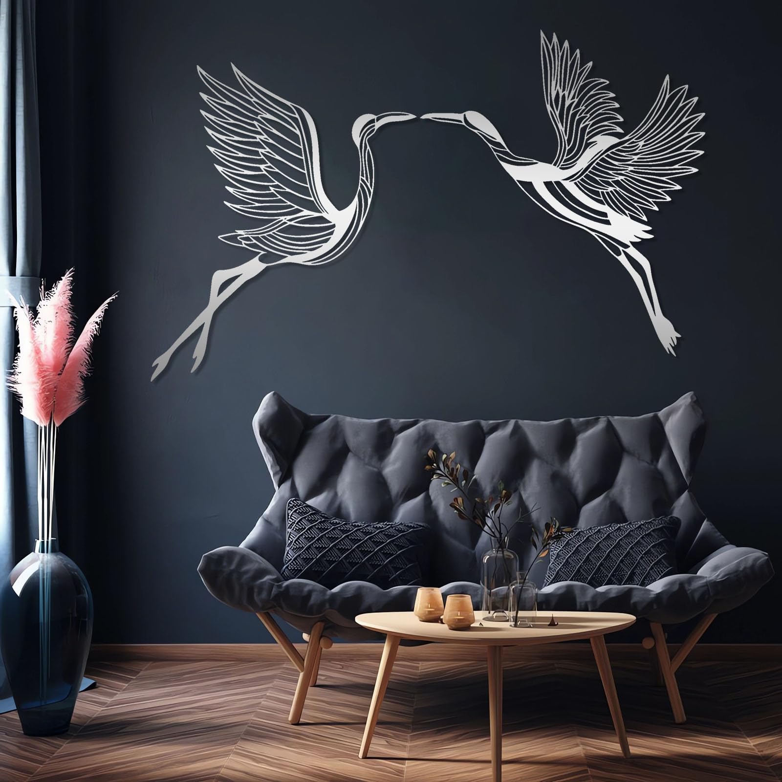 Conjunto de 2 grullas decorativas de pared de metal abstracto contemporáneo, arte, decoración artística, letrero de pájaros volando, bandada, hogar interior y exterior (76 x 122 cm, plateado)