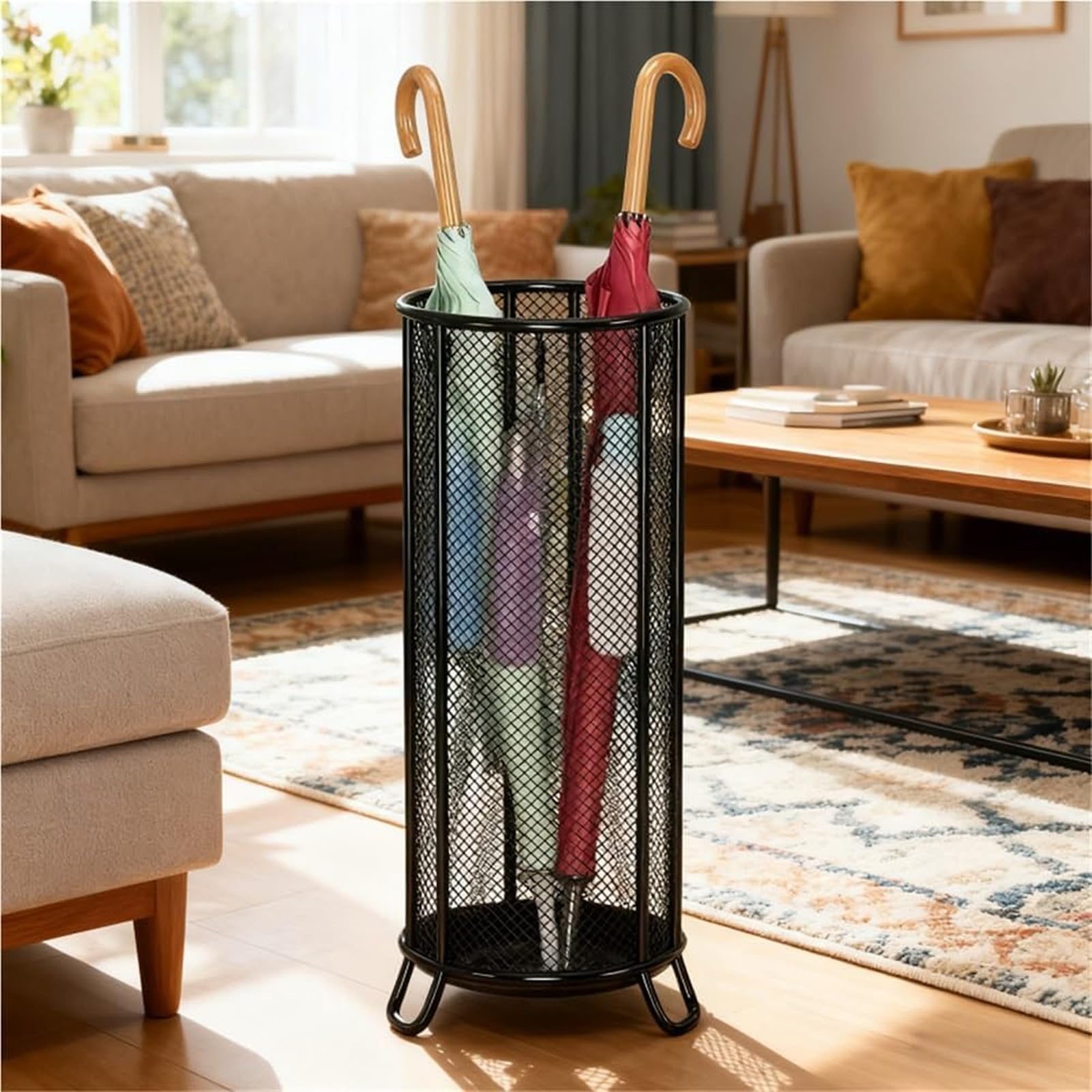 GHHVFEC Umbrella Stand, Freestanding Umbrella Holder with Drain Tray and Hooks, Modern Umbrella Rack for Entrance and Office