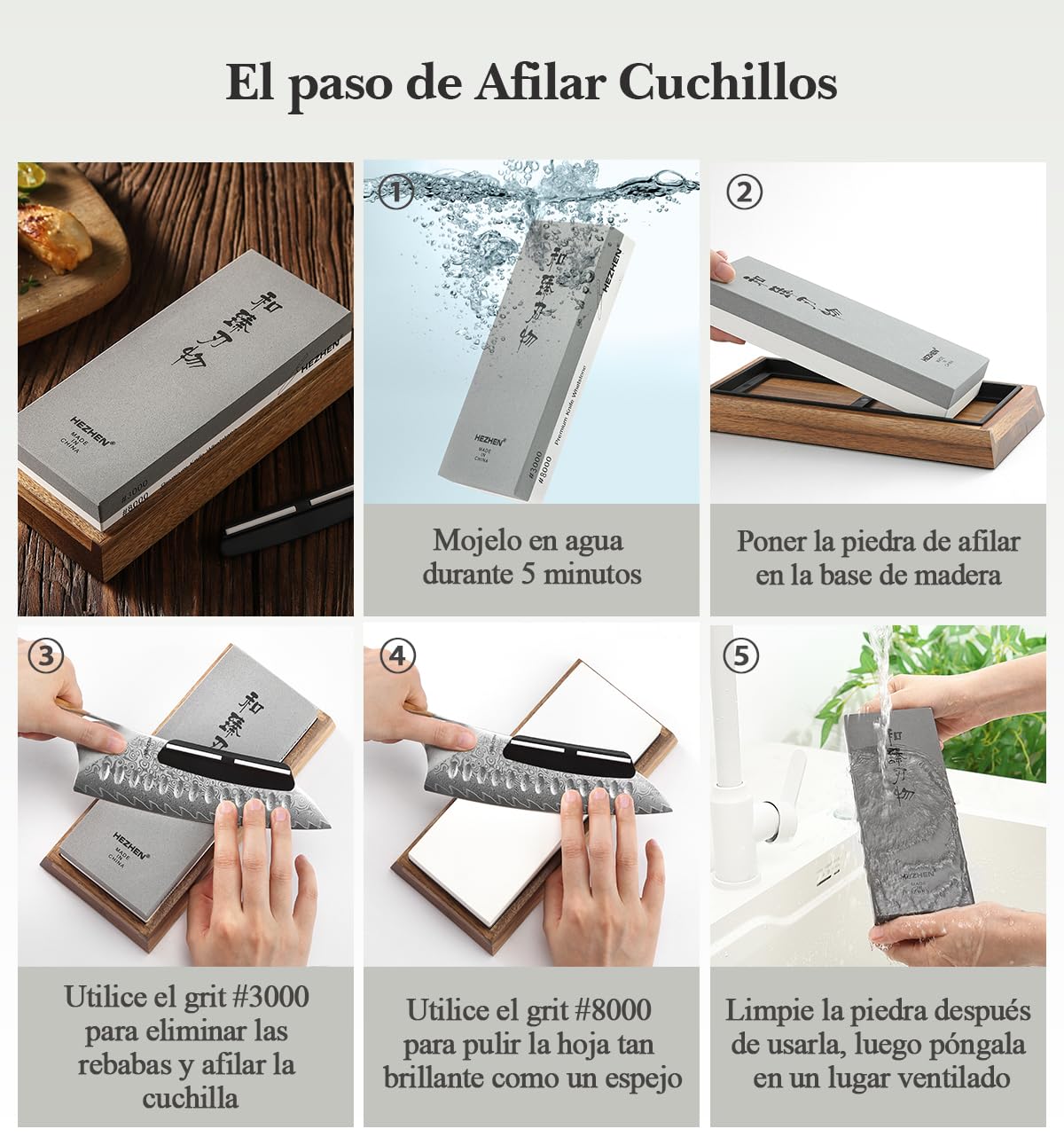 HEZHEN Piedra de Afilar Grande de Corindón Blanco, Grano 3000/8000 Doble Cara Afilador de Cuchillos Profesional, con Base Antideslizante de Madera, Guía de Ángulo y Piedra de Aplanamiento