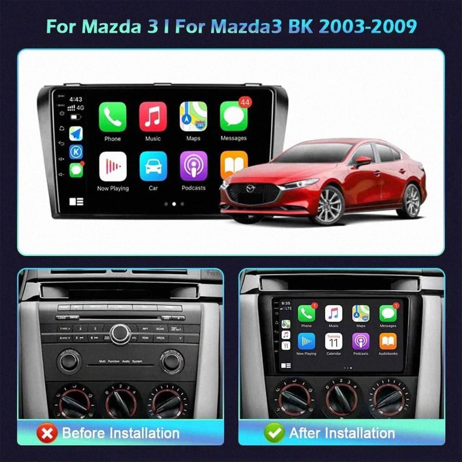Radio samochodowe do Mazda 3L For Mazda 3 BK 2003-2009 | Ekran dotykowy z systemem Android 15 z bezprzewodowym systemem Android Auto GPS WiFi Navi SWC FM (8-core 6+128G)