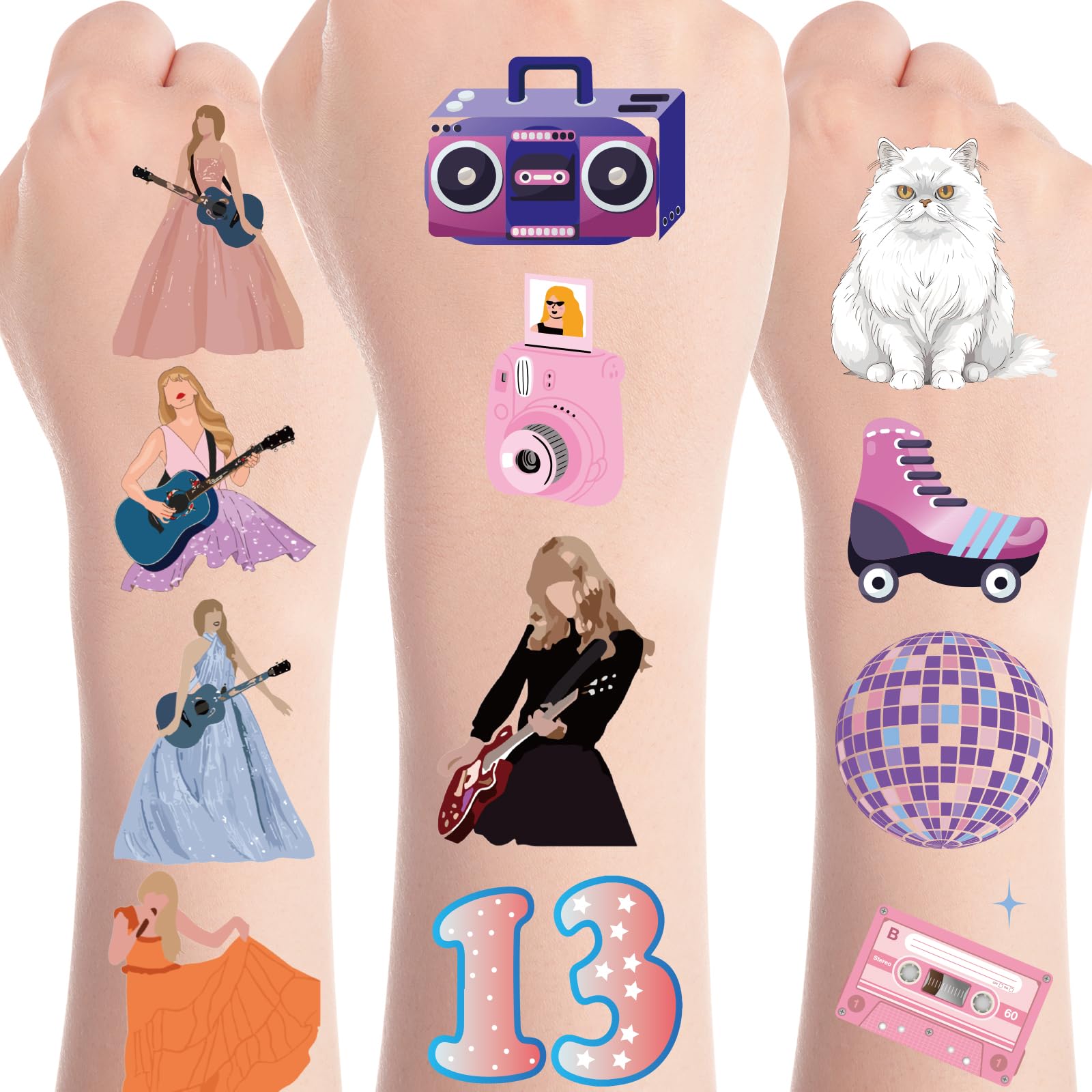 Papiailove Singer Music Glitter Temporary Tattoos for Women Girls Fans, Birthday Party Favors Goodie Bag Fillers Supplies, Number 13 Hand Face Body