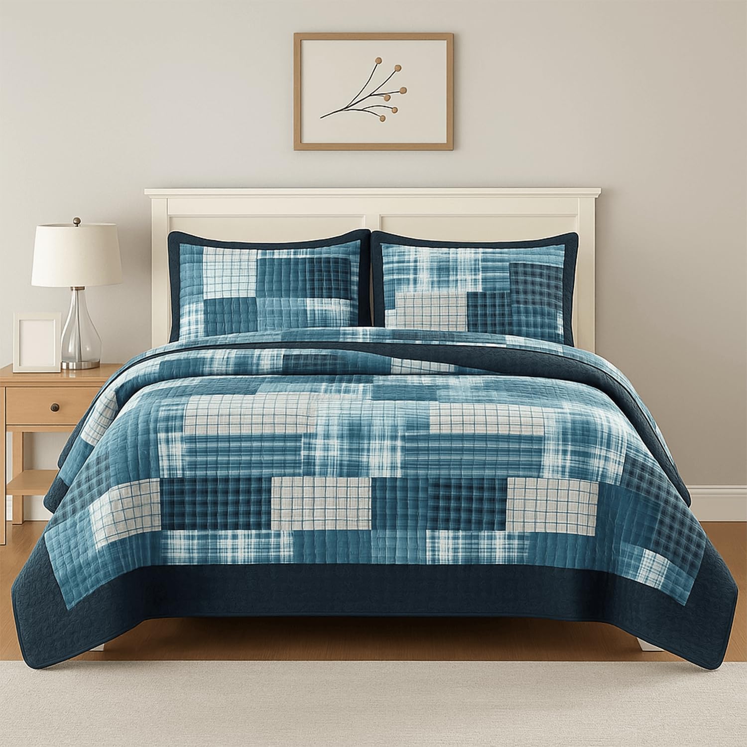 Cozy Haven Quilt Patchwork Bedspread 2 Piece Set – Coverless Quilted Bedspread, Reversible, Lightweight Quilt Comfort with 2 Pillow Sham (Denim Blue, King)