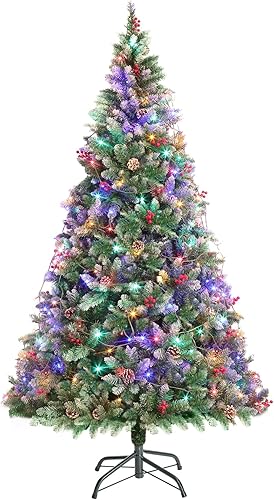 TIMOXMAS Árbol de Navidad artificial completo de 6 pies con 150 luces LED, 750 puntas de ramas de PVC, bisagras de metal de bayas de piñas y base