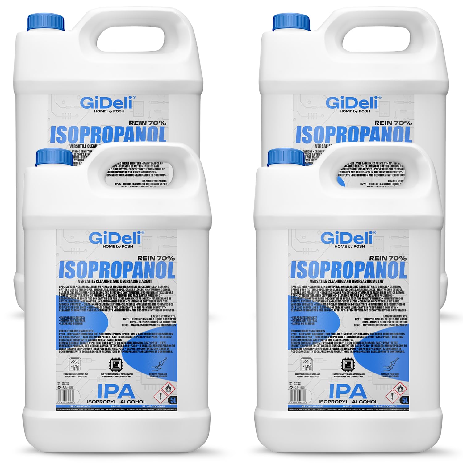 GiDeli Isopropanol 70% 4 x 5L Limpiador de alcohol isopropílico alto porcentaje de alcohol isopropílico IPA para limpieza de componentes electrónicos, lentes y pantallas