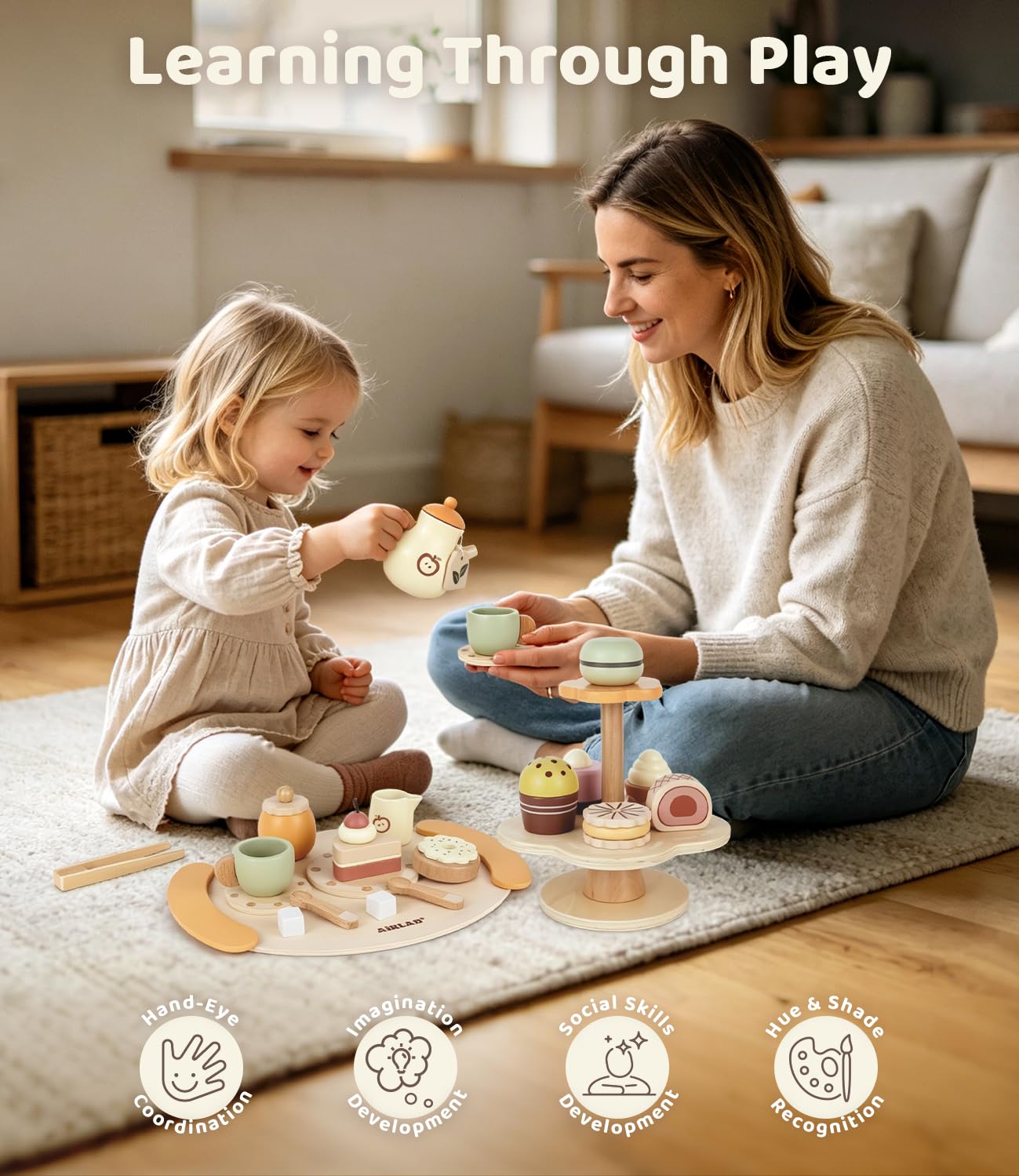 Airlab Juego de Té de Madera para Infantil, Accesorios de Cocina de Juego de rol de Fiesta con Soporte para Tartas, Juguete Educativo Montessori, Regalo de Cumpleaños para Niños y Niñas de 3 4 5 Años
