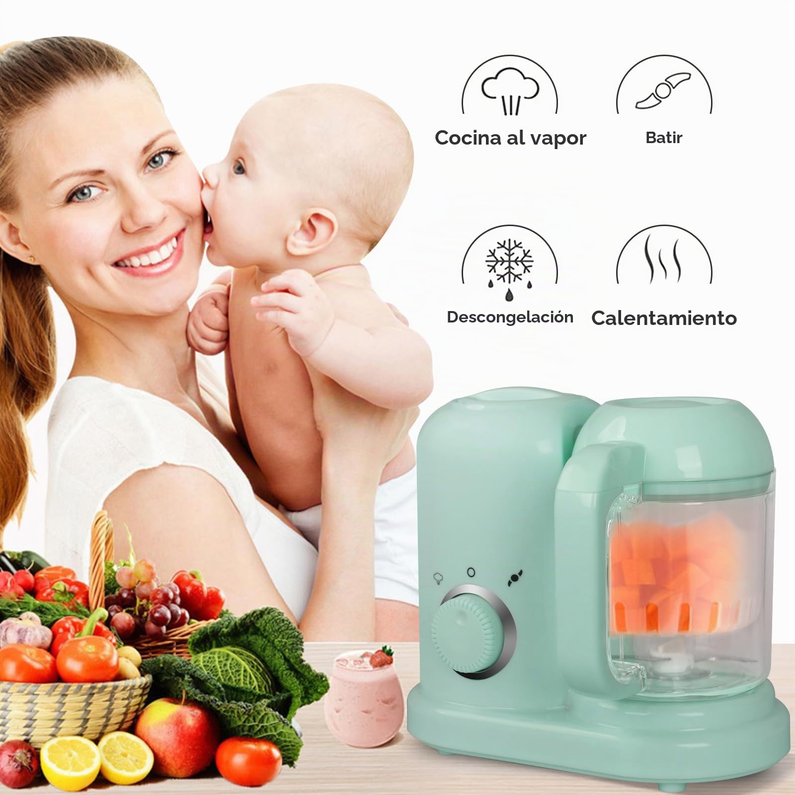 Robot Multifunción 4 en 1 para Bebé: Vaporizador, Batidora, Diversificador de Alimentos, Cocedor al Vapor, Descongelación y Recalentamiento - Cocción Suave y Rápida (Verde)