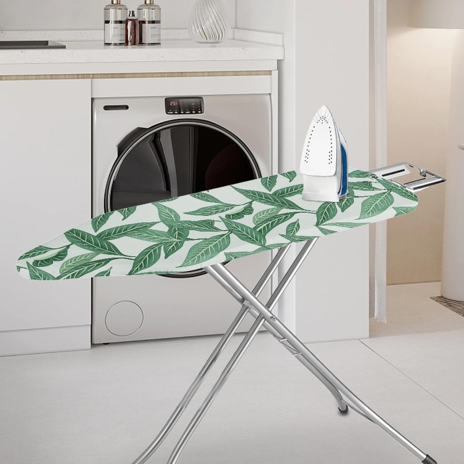 Ironing Board Cover 14x48 Green Wave Leaf Iron Board Cover with Padding Heat Reflective,Scorch Resistant Thick Padding,Snug Fit Non-Slip Nose Pocket Fastener Straps Elastic Edges