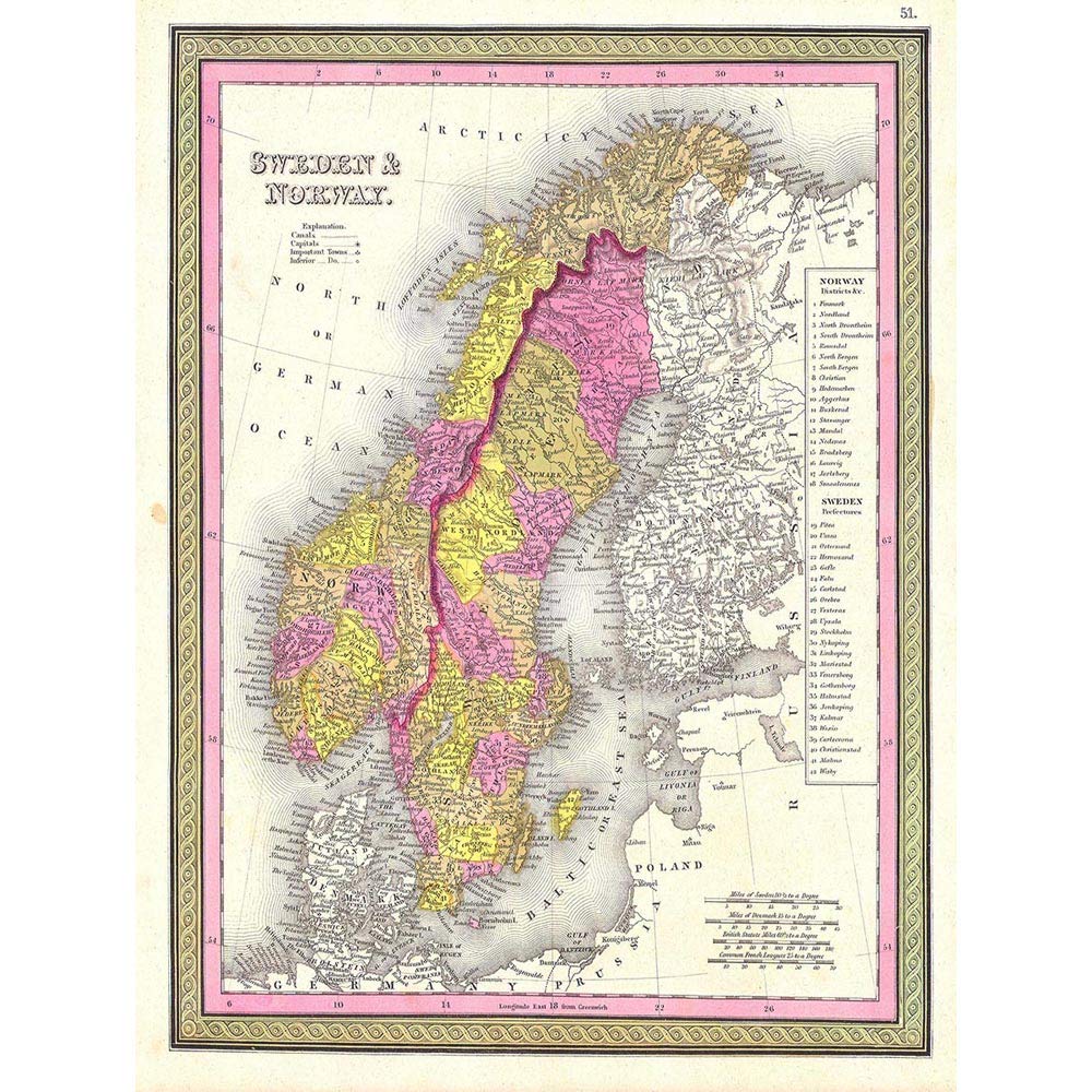 Wee Blue Coo 1850 Mitchell Map Sweden And Norway Vintage Art Print Poster Wall Decor 12X16 Inch