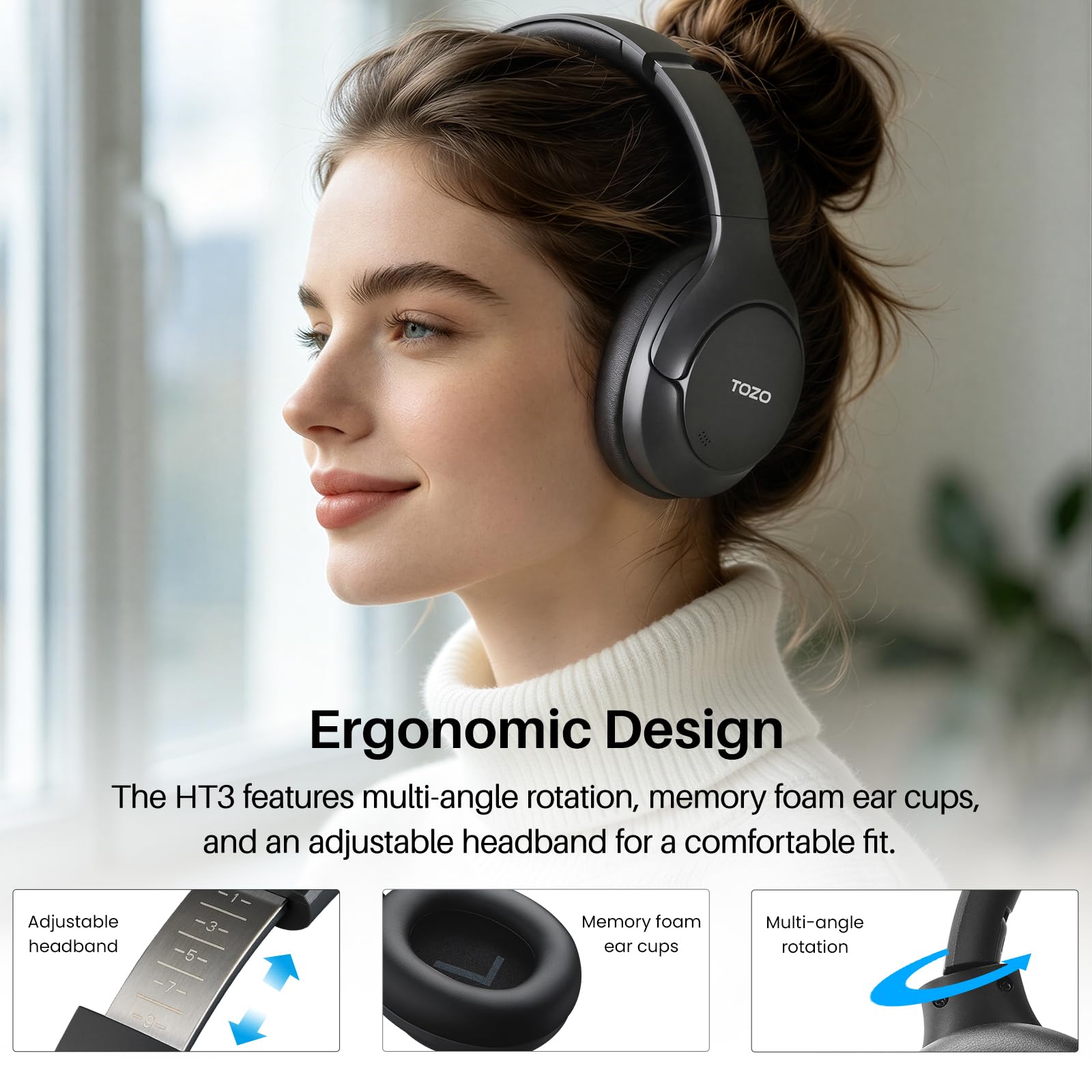 TOZO HT3 Hybrid Noise Cancelling Wireless Headphones, 90H Over Ear Headset view 9